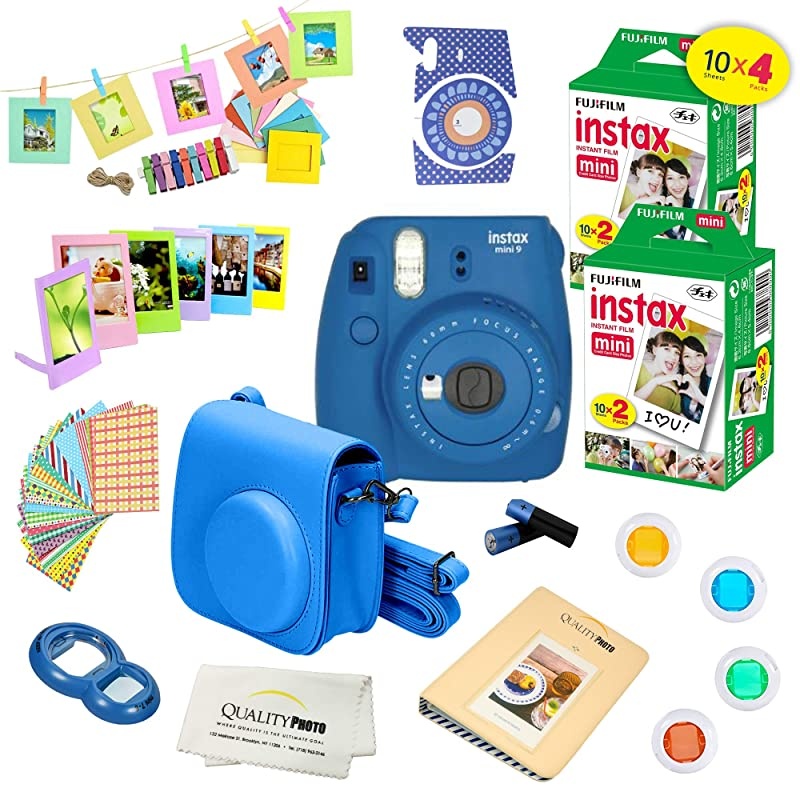 Instax Mini 9 Camera + Fuji INSTAX Instant Film (40 Sheets) + 14 PC Instax Accessories kit Bundle, Includes; Instax Case + Album + Frames & Stickers + Lens Filters + More (Flamingo Pink)