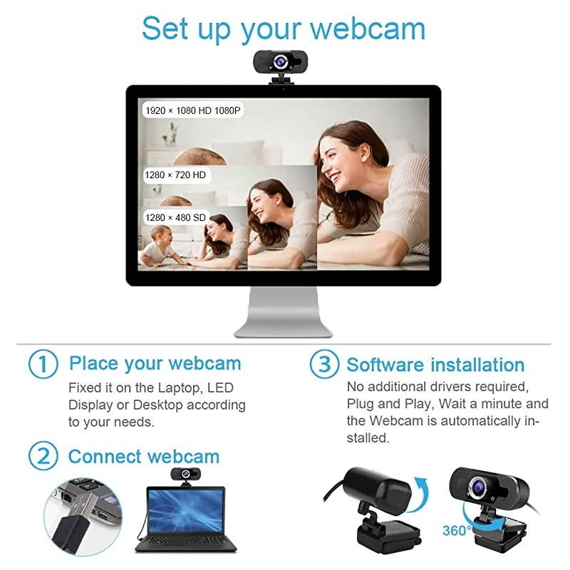 with Microphone 1080P,USB PC Streaming Computer Camera for Windows Mac Laptop Desktop,120&deg;Wide-Angle 30fps, Large Sensor Low Light for Video Calling Conferencing Gaming