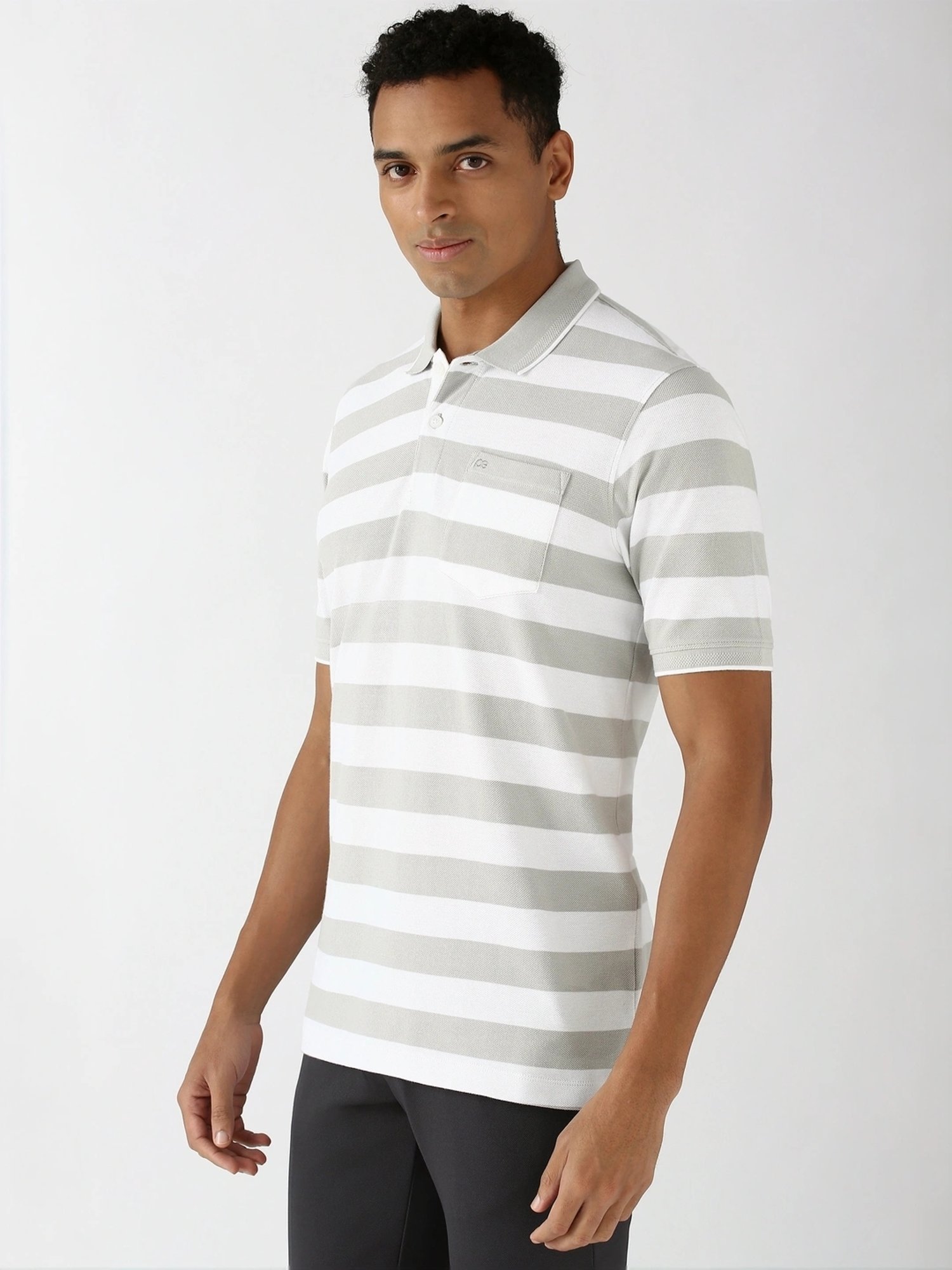 Peter England Grey Regular Fit Striped Polo T-Shirt