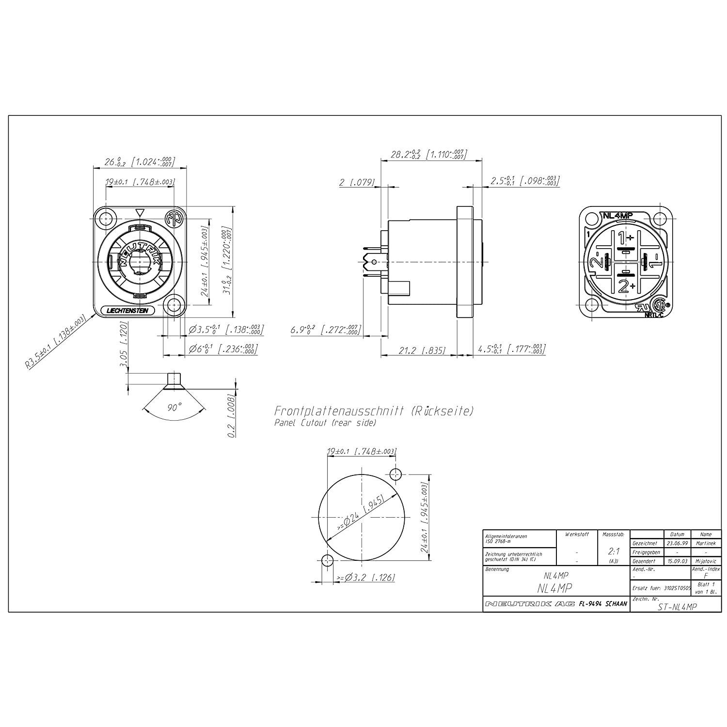 Neutrik NL4MP ( PACK OF 4) SPEAKON PANEL MOUNT ORIGINAL PATENTED "D" Chassis Mounting