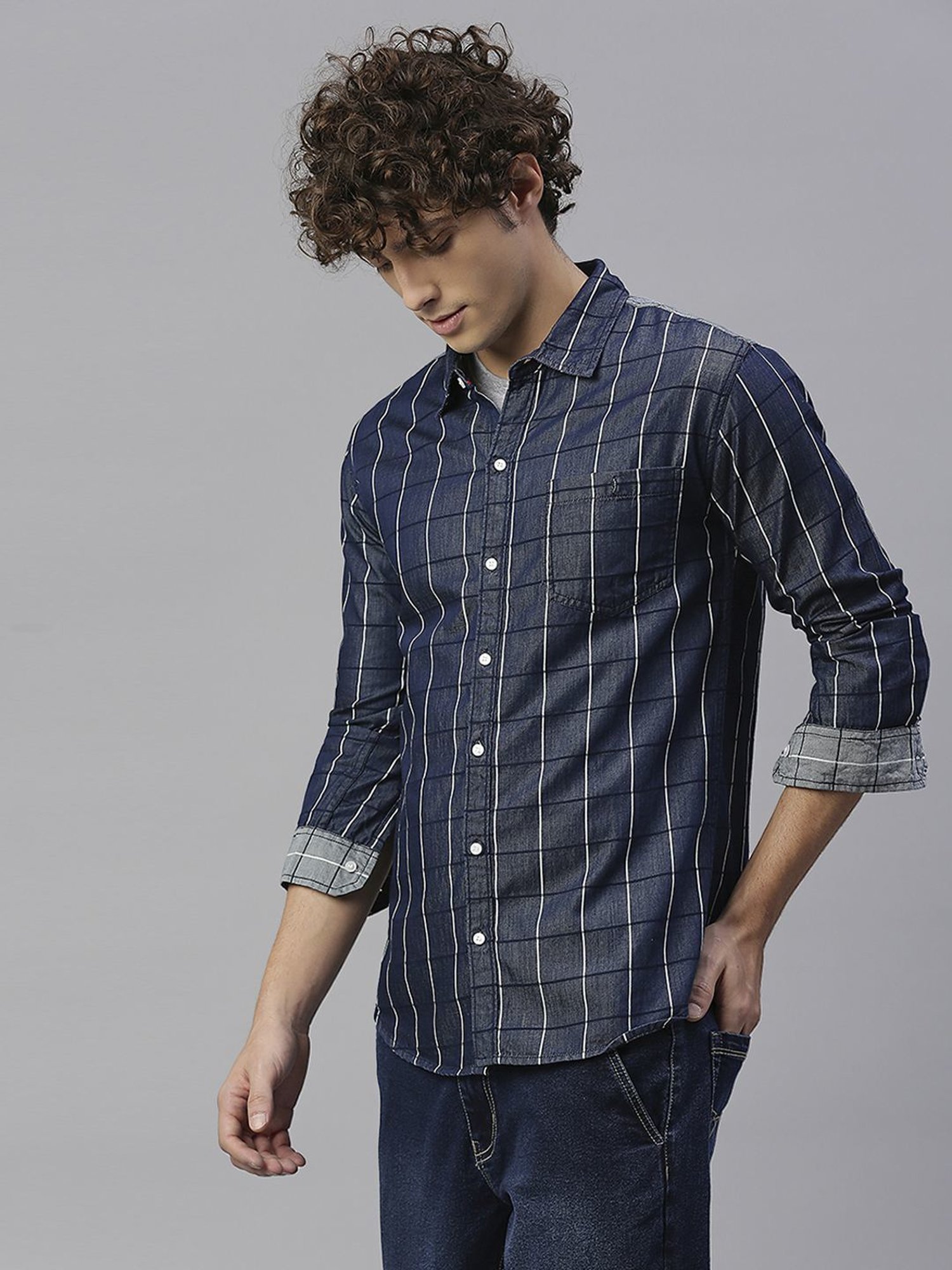 High Star Blue Cotton Regular Fit Checks Shirt