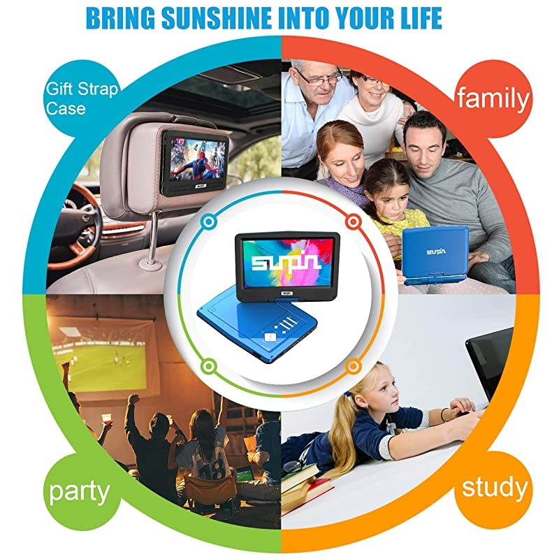 125 Portable DVD Player for Car and Kids with Headrest Mount 101 HD Screen 5 Hours Rechargeable Battery Remote Control Car Charger Wall Charger Region Free Ideal for Road Trip Blue