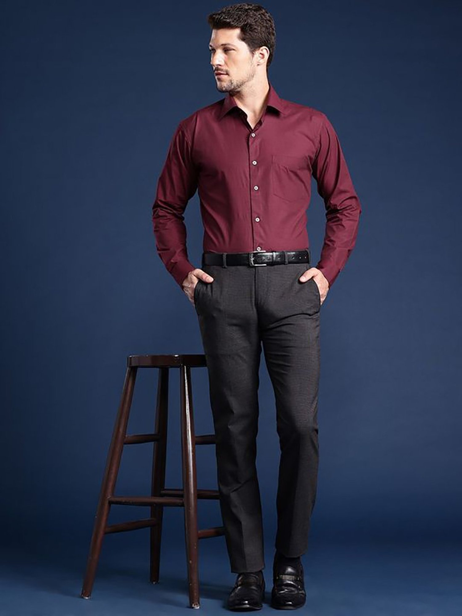 Hancock Maroon Cotton Slim Fit Solid Shirts