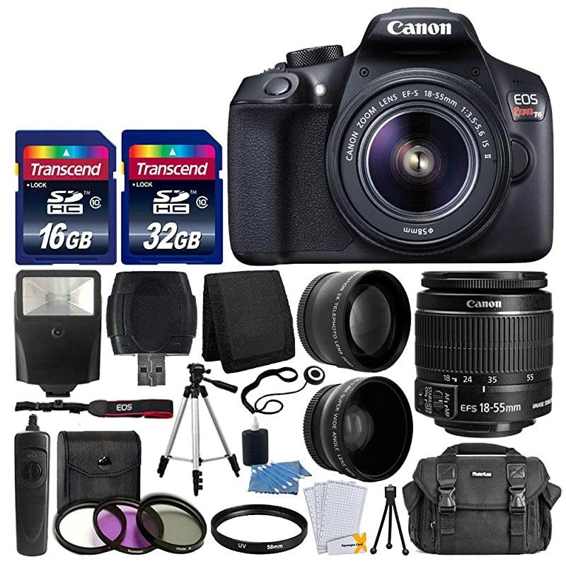 EOS Rebel T6 Digital SLR Camera with 18-55mm EF-S f/3.5-5.6 is II Lens + 58mm Wide Angle Lens + 2X Telephoto Lens + Flash + 48GB SD Memory Card + UV Filter Kit + Tripod + Full Accessory Bundle