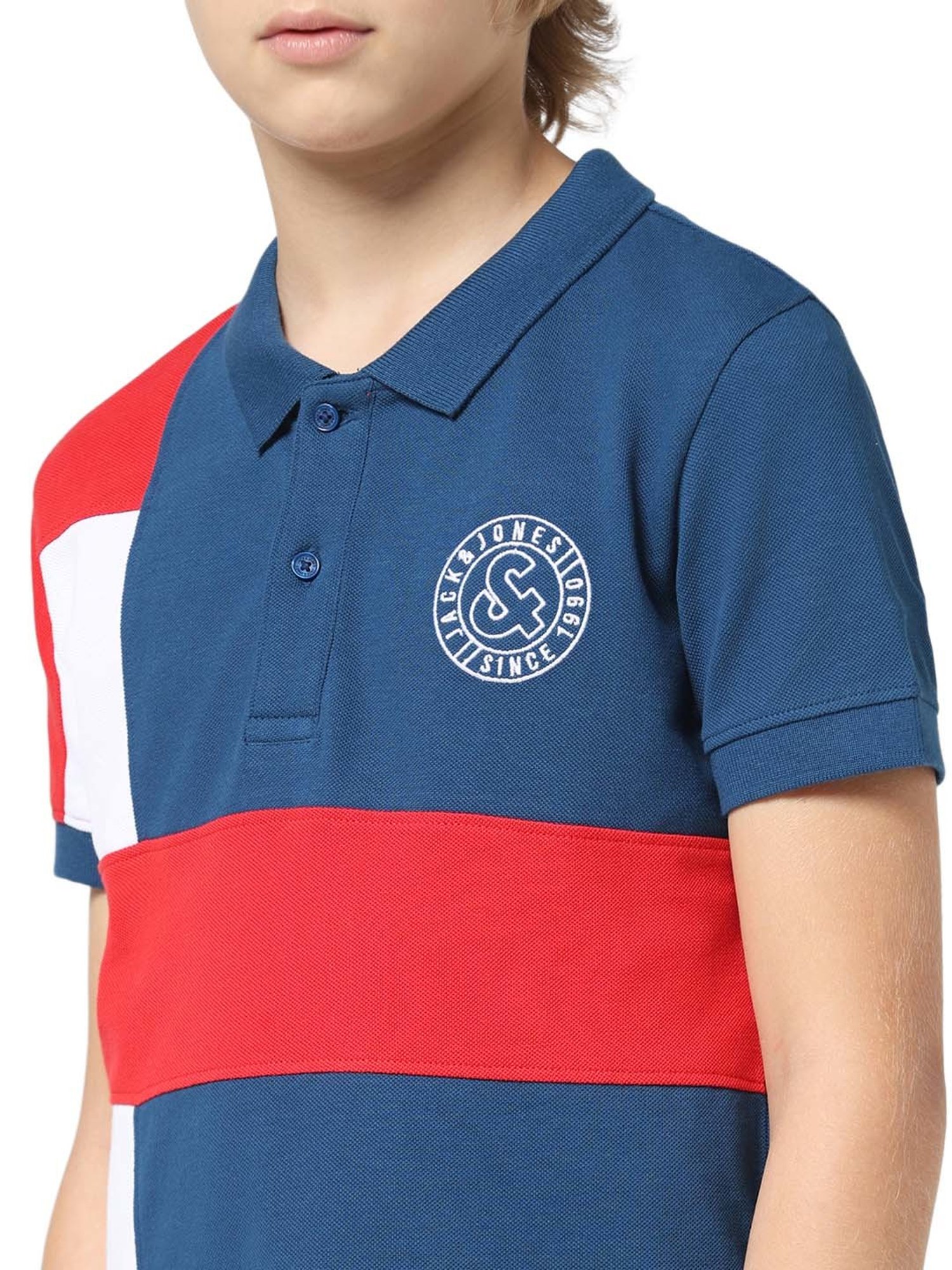 Jack & Jones Junior Blue & Red Cotton Color Block Polo T-Shirt