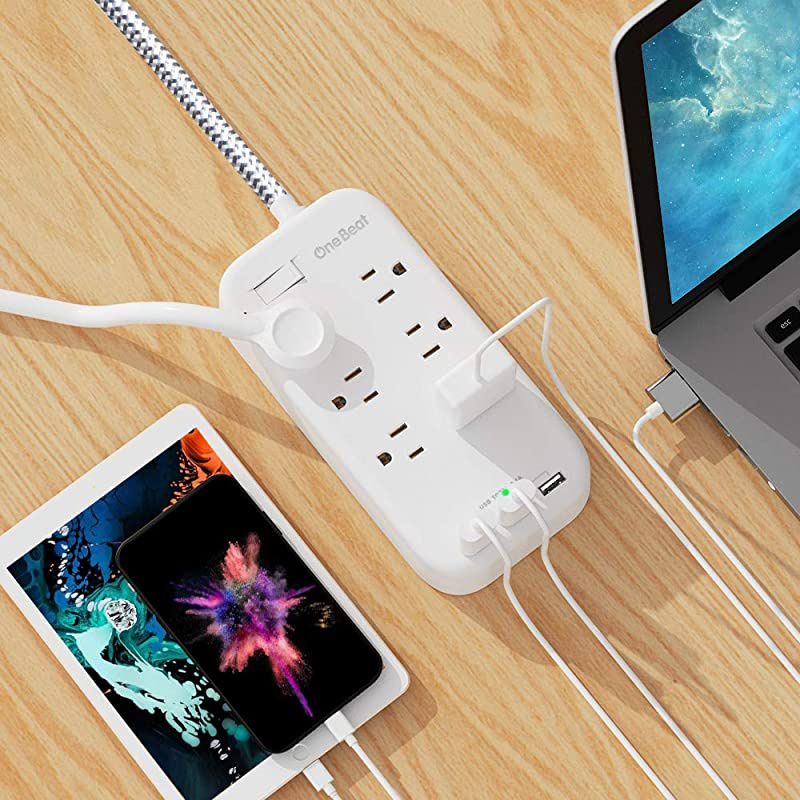 Outlets Power Strip Flat Plug with 3 USB Charing Ports 31A 15W Ft Braided Extension Cord Wall Mountable Outlet Extender with Overload Protection Switch for Home Office Cruise Ship White