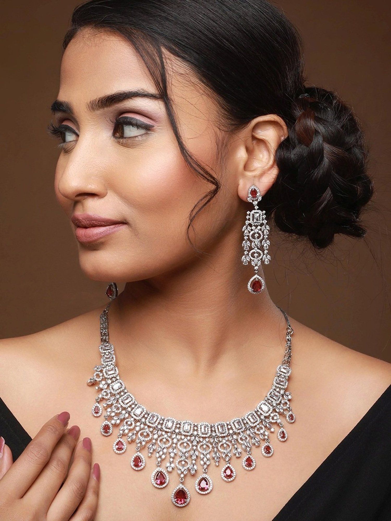 Aatmana Silver-Plated White & Red AD Stone Studded Necklace Set