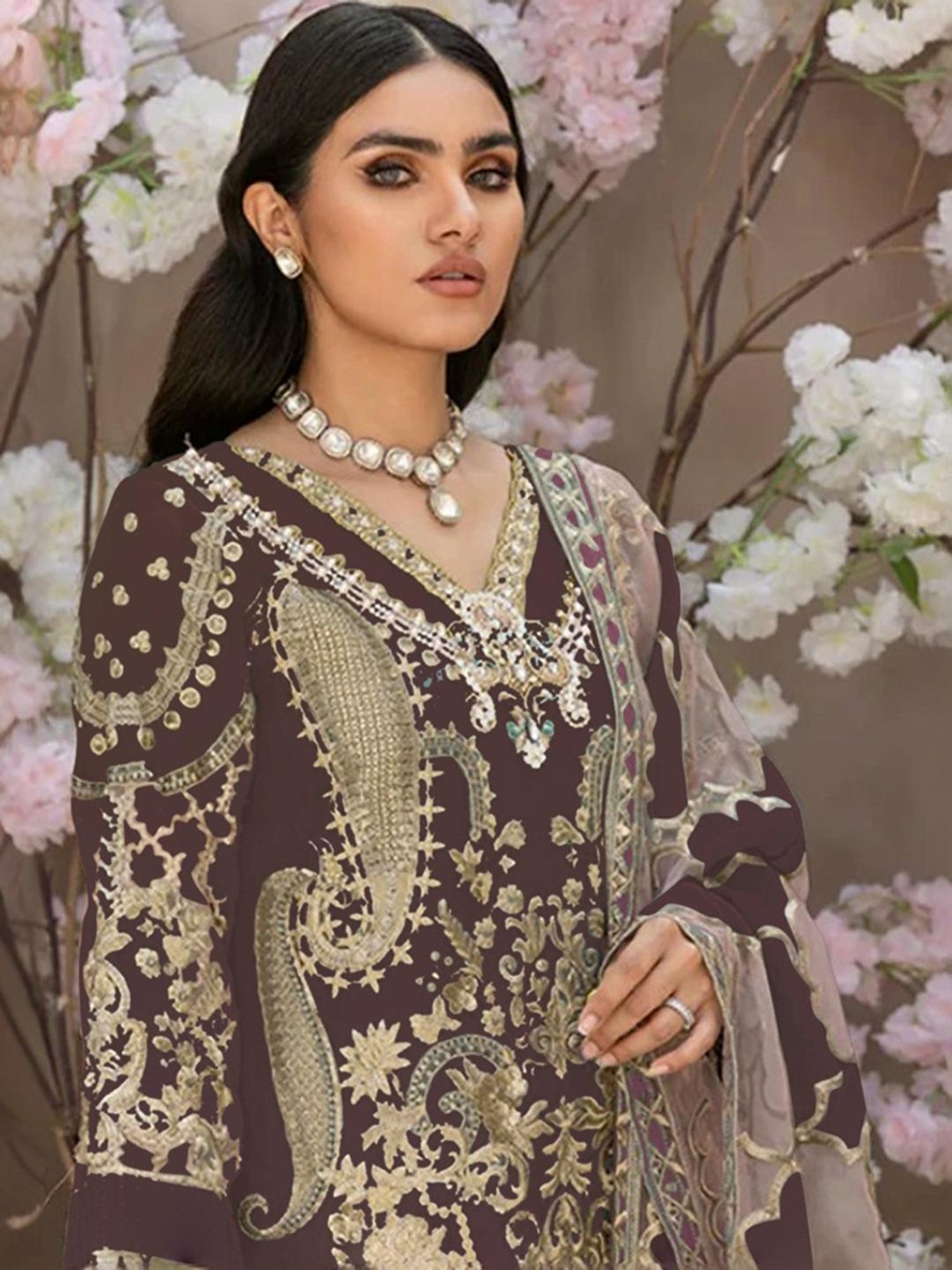 Odette Brown Embroidered Unstitched Dress Material