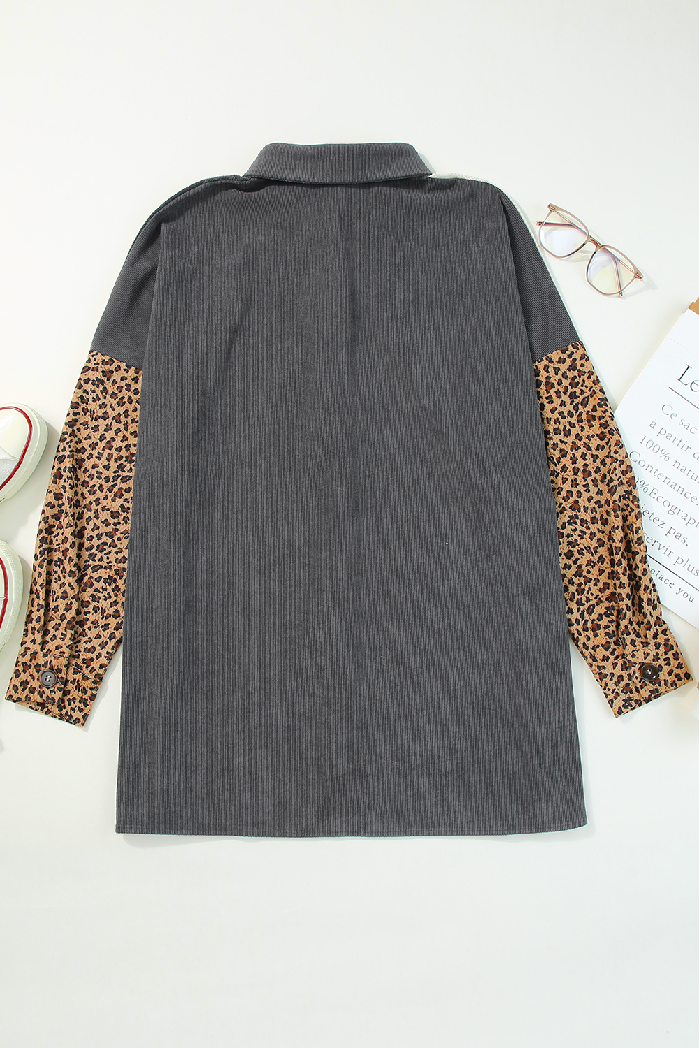 Gray Color Block Leopard Patchwork Casual Corduroy Shacket