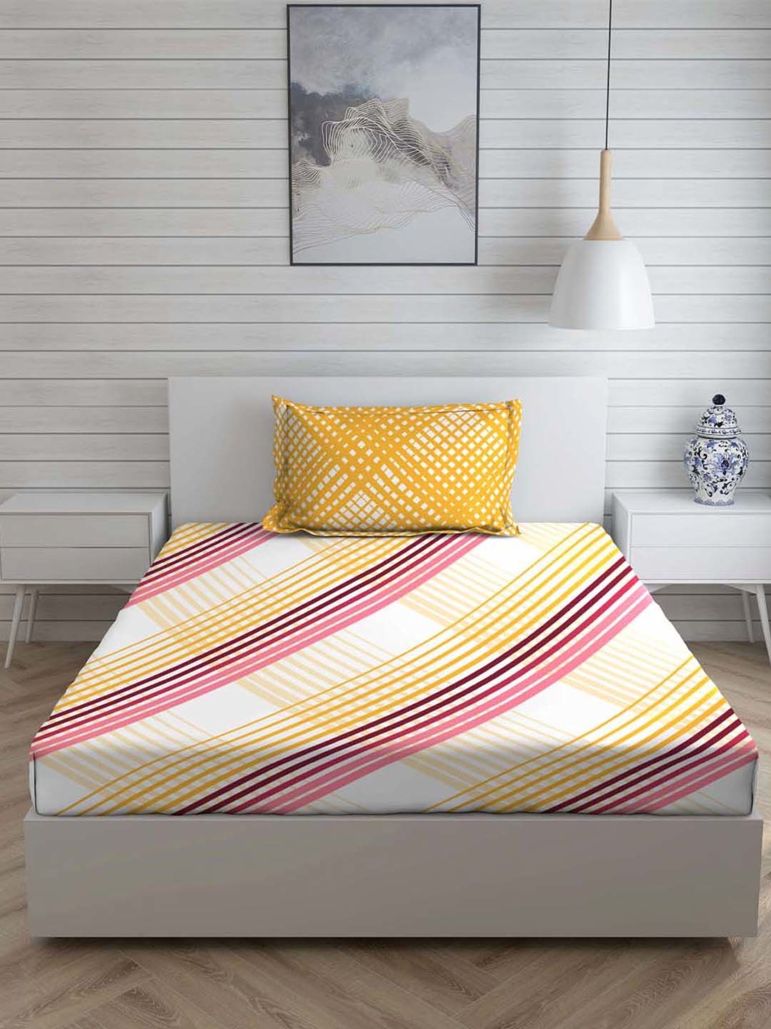 Layers Tuscany Yellow Cotton 104 TC Single Flat Bed Sheet With 1 Pillow Cover