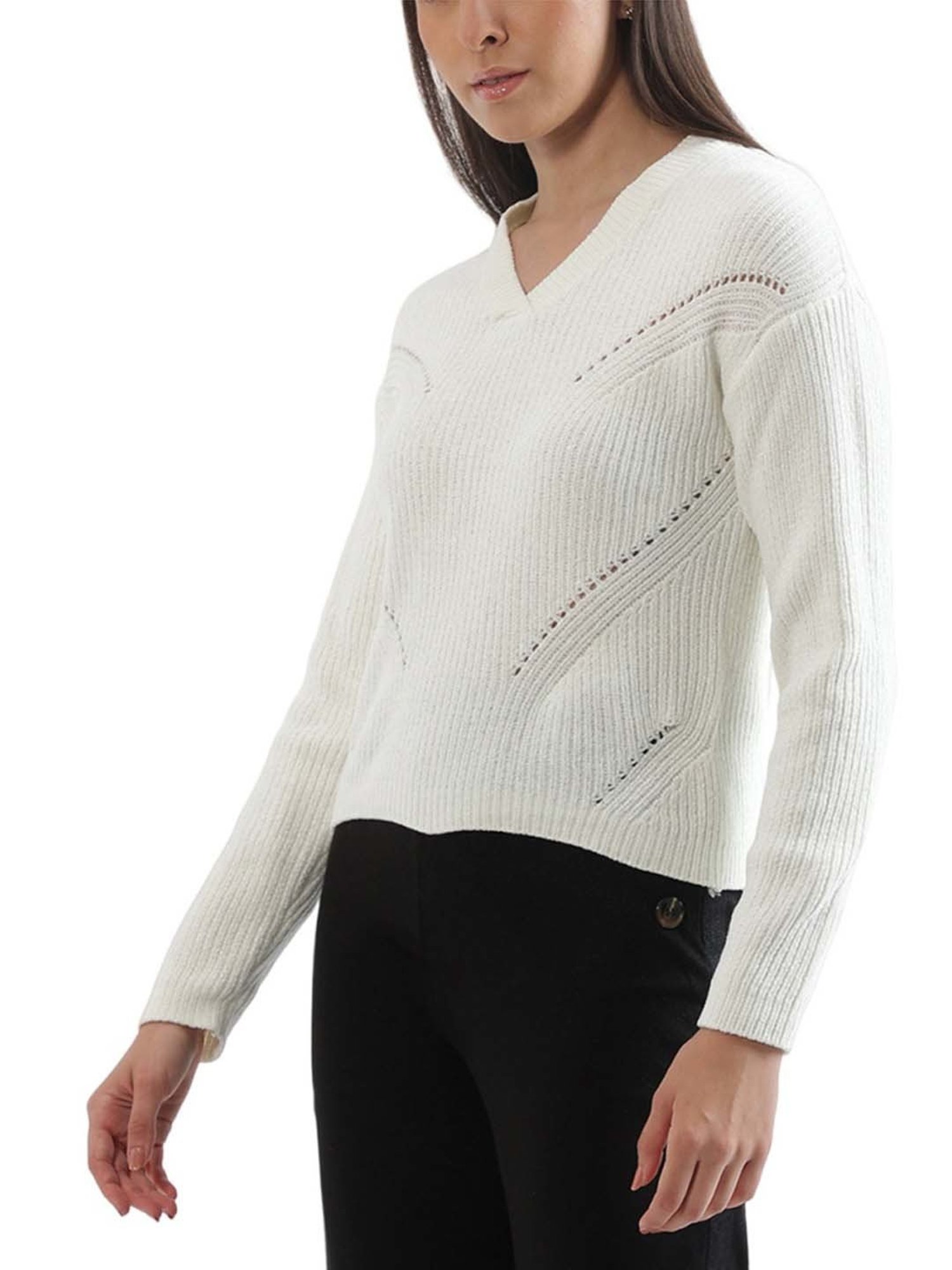 Elle White Self Pattern Sweater