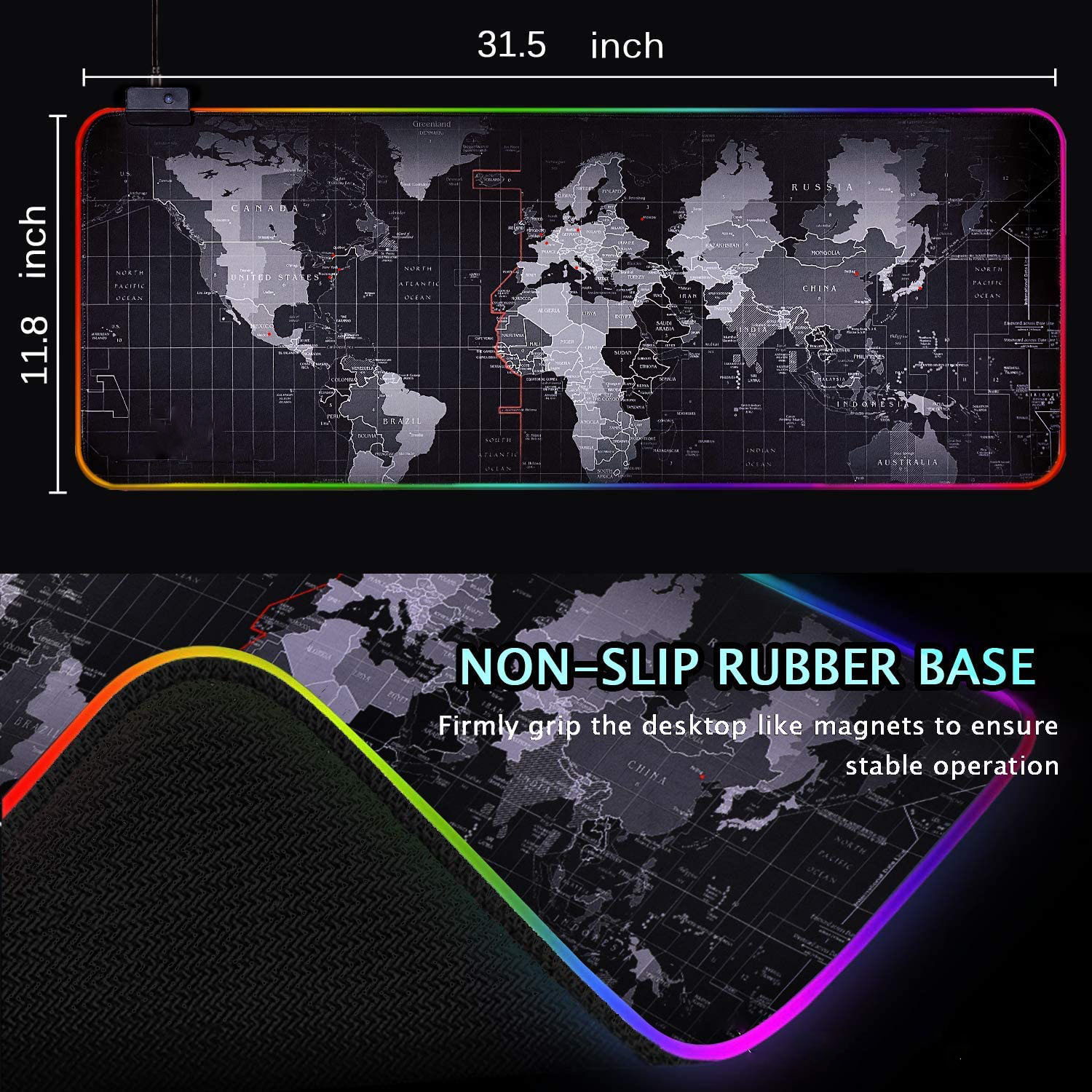 RGB Gaming Mouse Pad - Large Led Keyboard Pad, Mouse Mat with HD Map, Smoothly Waterproof Surface, Non-Slip Rubber Base, 31.5"X 11.8" & 14 Light Modes