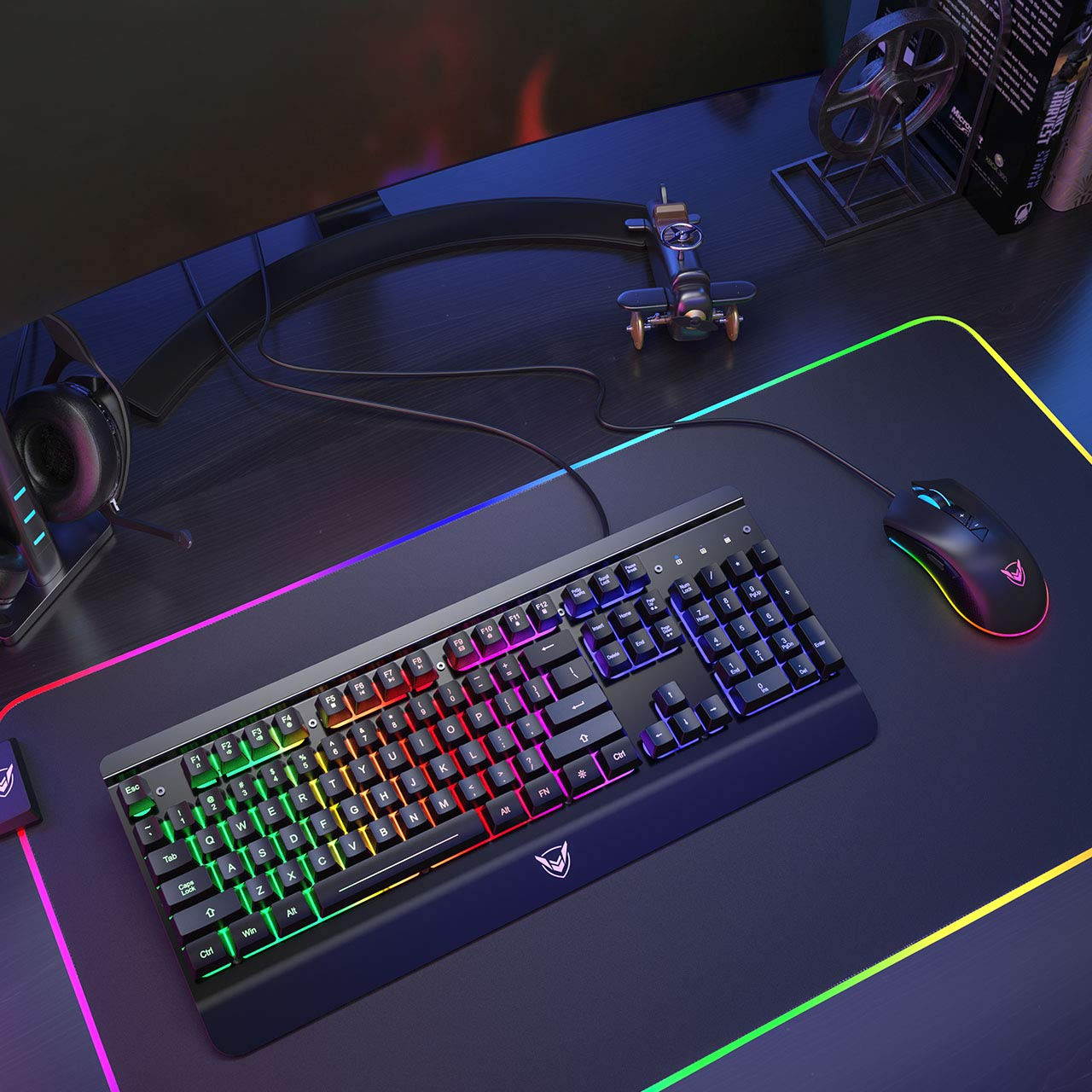 Metal Gaming Keyboard, LED Wired Rainbow Keyboard, USB Backlit Membrane Keyboard with Wrist Rest, 19 Anti-ghosting Keys, 12 Multimedia Shortcuts, Spill-Resistant for Windows PC Gamer-Black