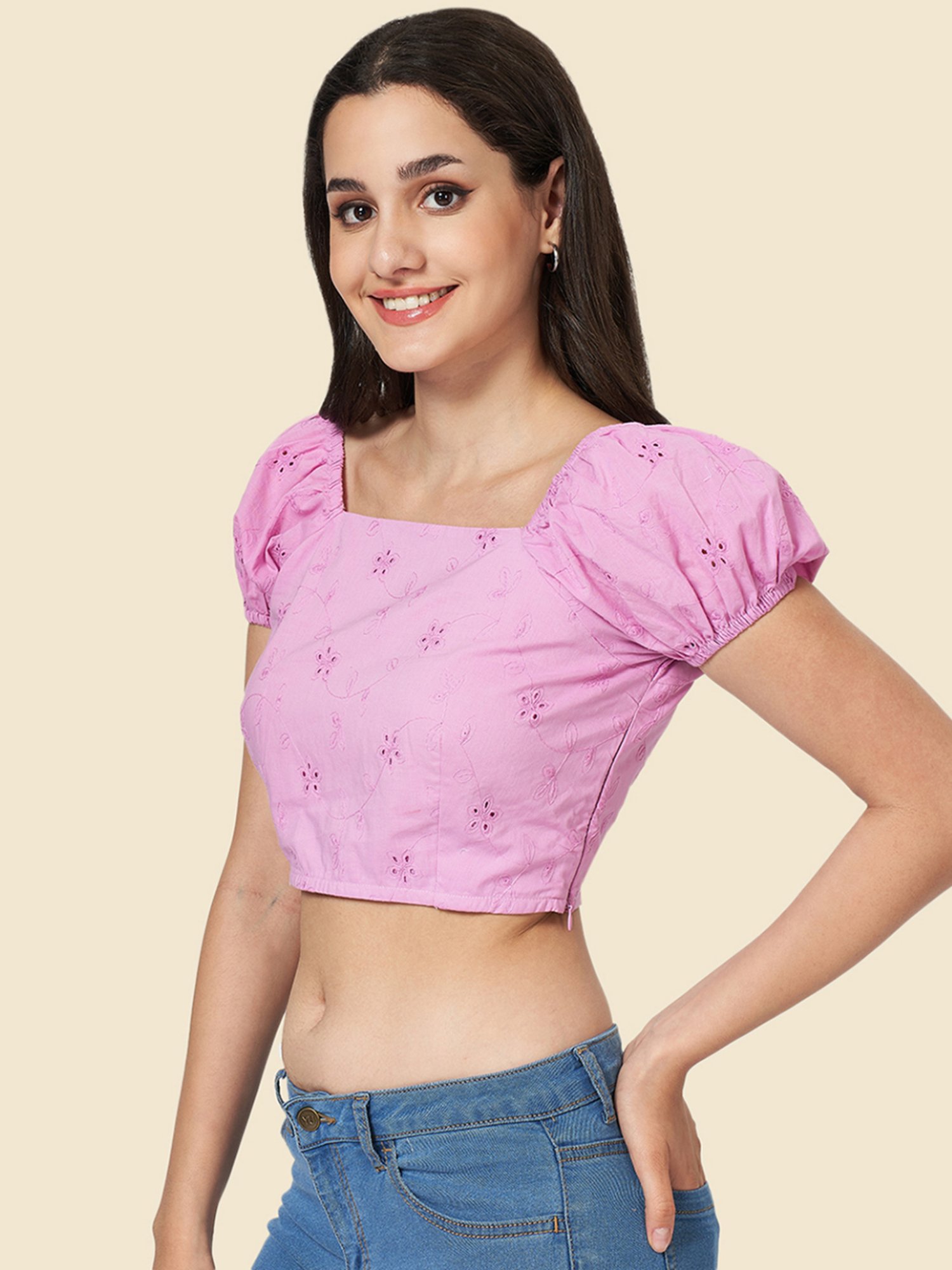 YU by Pantaloons Purple Cotton Self Pattern Crop Top