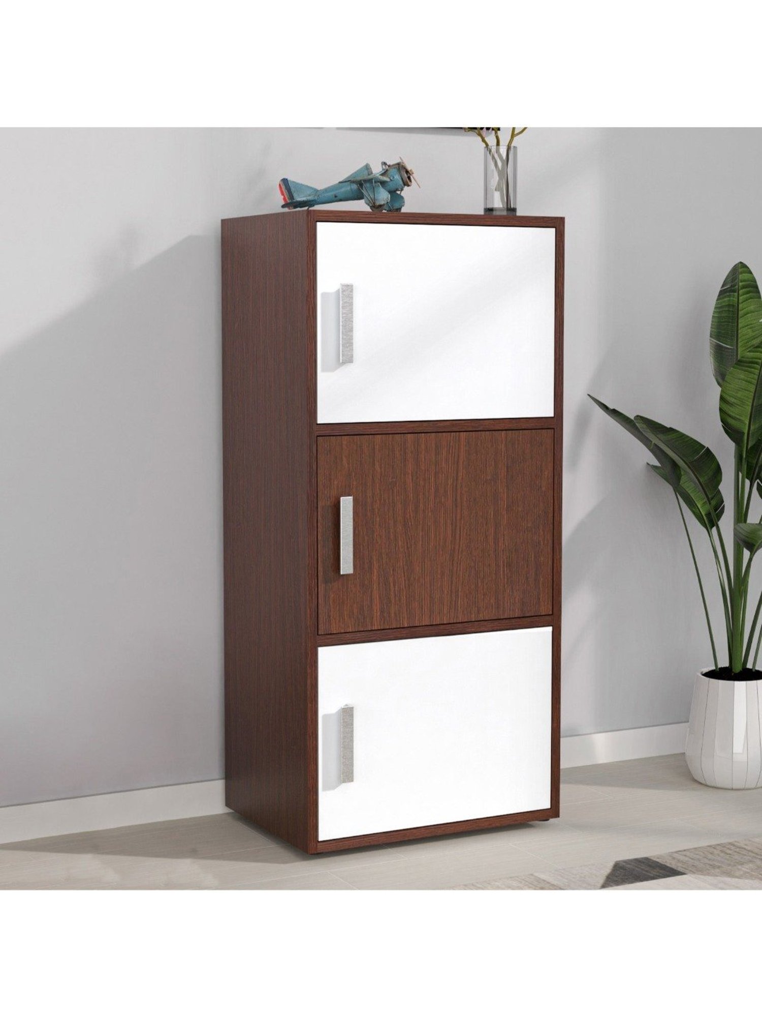 Nilkamal Sear Urban Walnut & Oak White Engineered Wood 3 Tier Storage Cabinet