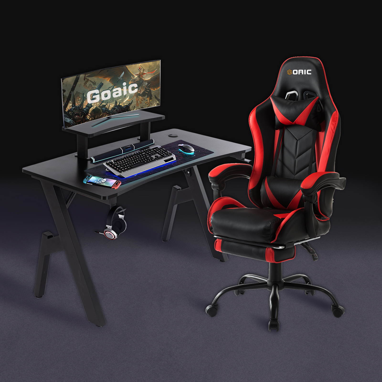 Goaic Gaming Chair PC Racing Game Chair Ergonomic 135&deg; Adjustable Reclining Office Chair with Footrest, High Back Office Desk Computer Chair with Headrest and Lumbar Pillow Support (White/Red)
