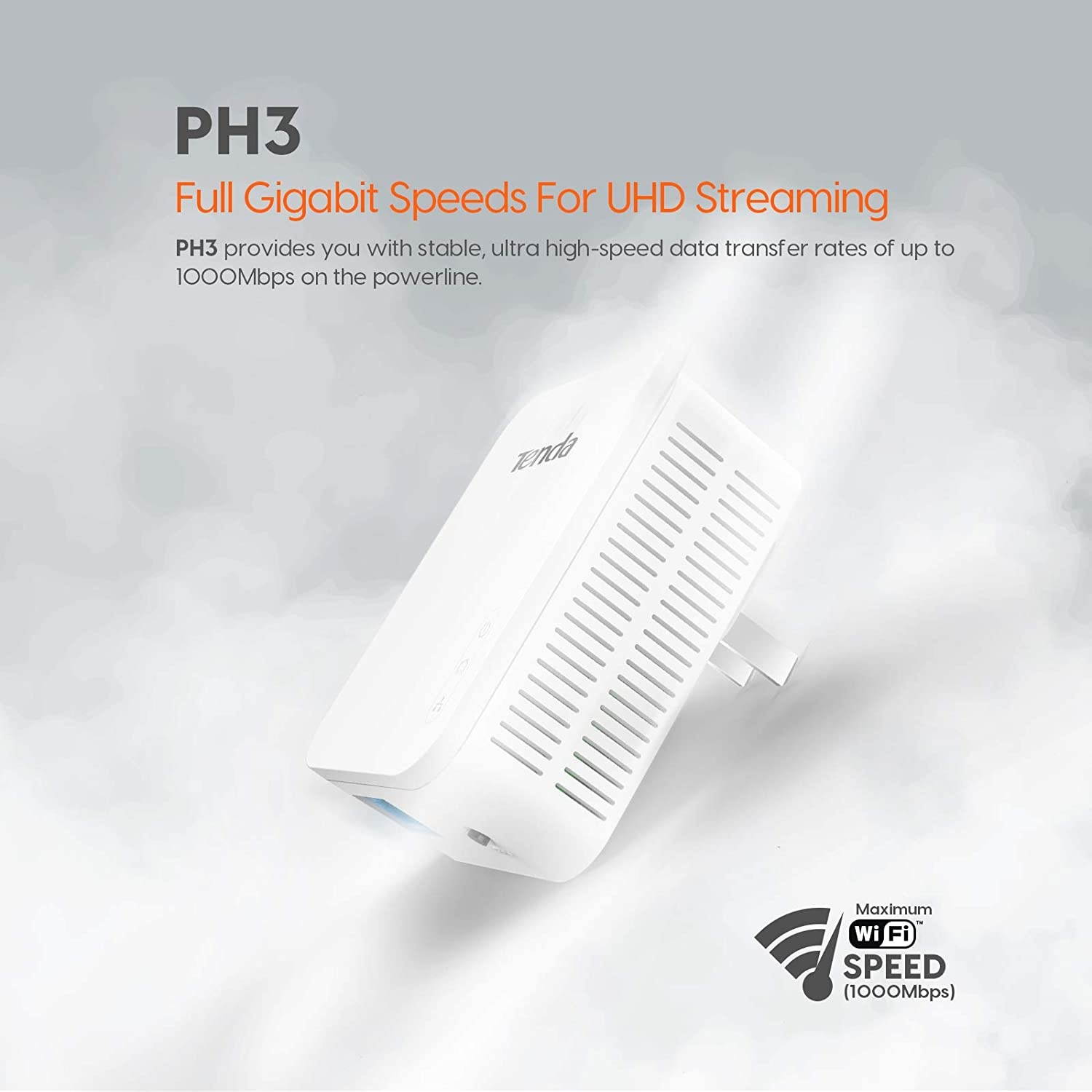 Tenda AV1000 1-Port Gigabit Powerline Adapter, Up to 1000Mbps (PH3),White