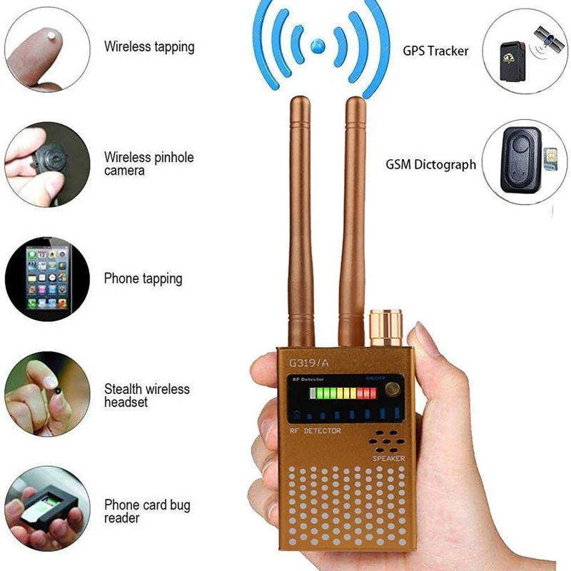 Wireless Bug Detector,Dual Antenna High Sensitive Sweeper Detect Wide Range Radio Frequency Find Out Hidden Camera GPS Tracker(2019 Upgrade Version) (Gold)