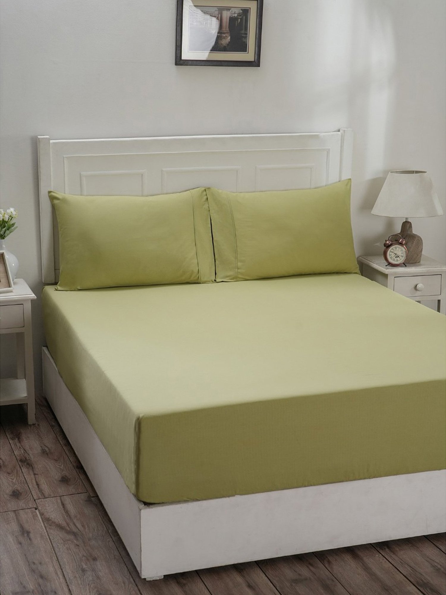Maspar Colorart Eden Sage Green 144 TC Cotton Double Fitted Bed Sheet With 2 Pillow Covers