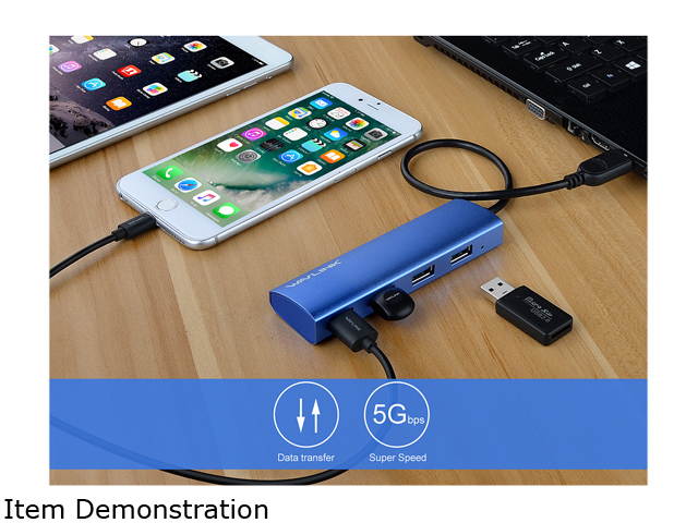 Wavlink 4-Port USB3.0 Hub, USB 3.0 Portable Aluminum Hub, USB Extension Multi-function Hot Swapping, plug and play, Built-in surge protectors, for Mac, MacBook, MacBook Pro/Air/Mini, or any PC - Blue