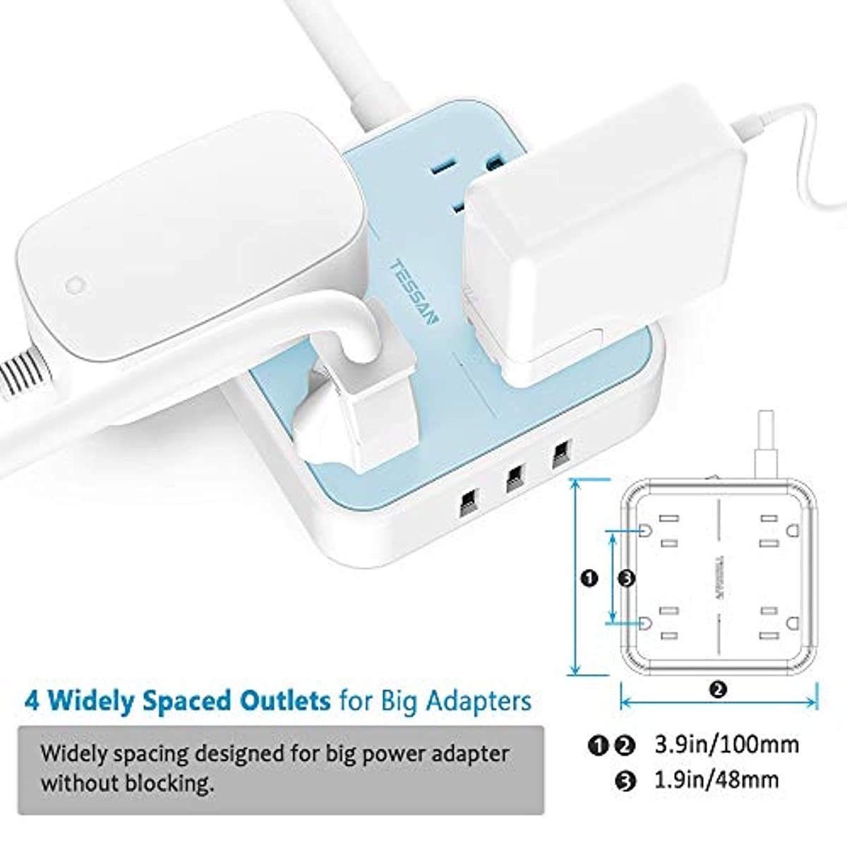 Flat Plug USB Power Strip with 9.8 FT Extension Cord, TESSAN 4 Widely Spaced Outlets 3 USB Charging Station, Compact Wall Mountable, 1250W/10A for Home, Office, Dorm Essentials, Blue
