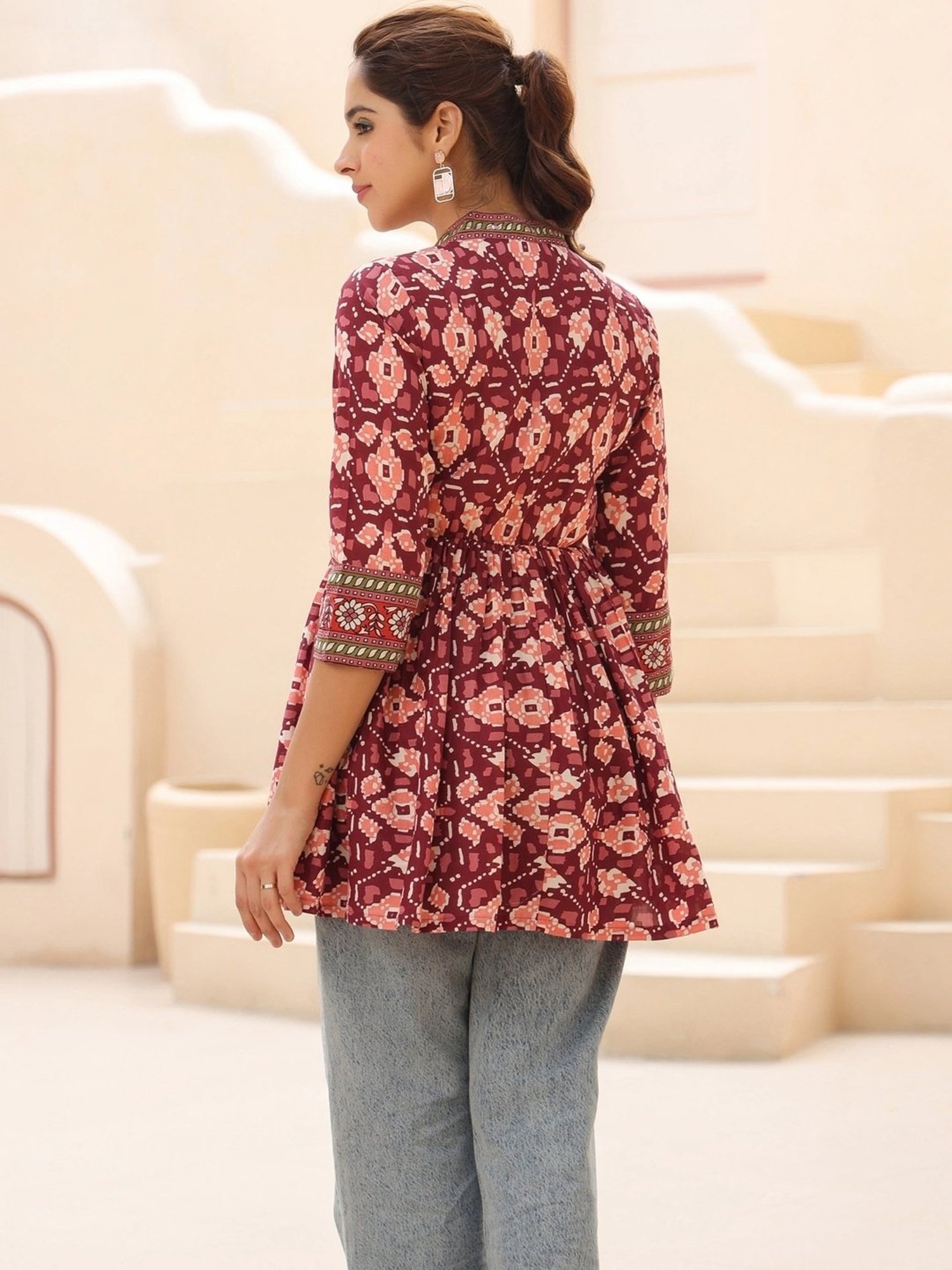 Rain and Rainbow Maroon Cotton Printed Top