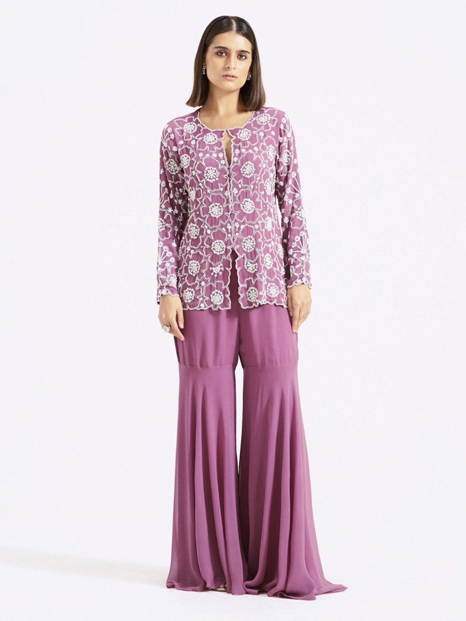 Basanti Kapde aur Koffee Mauve Evolve Embroidered Jacket Style Kurta with Gharara Co-ord Set