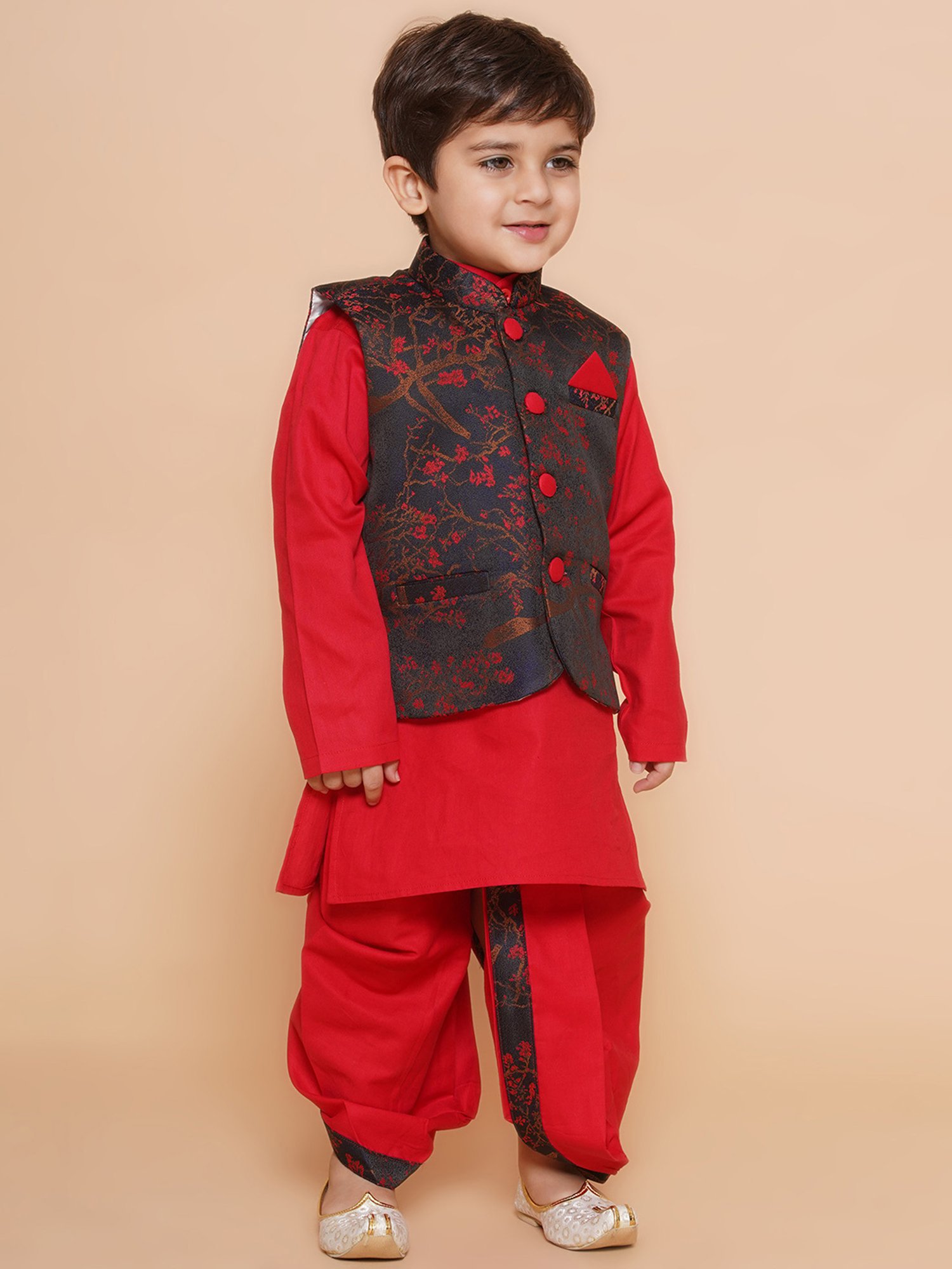 AJ Dezines Kids Black & Red Printed Full Sleeves Kurta, Dhoti with Waistcoat