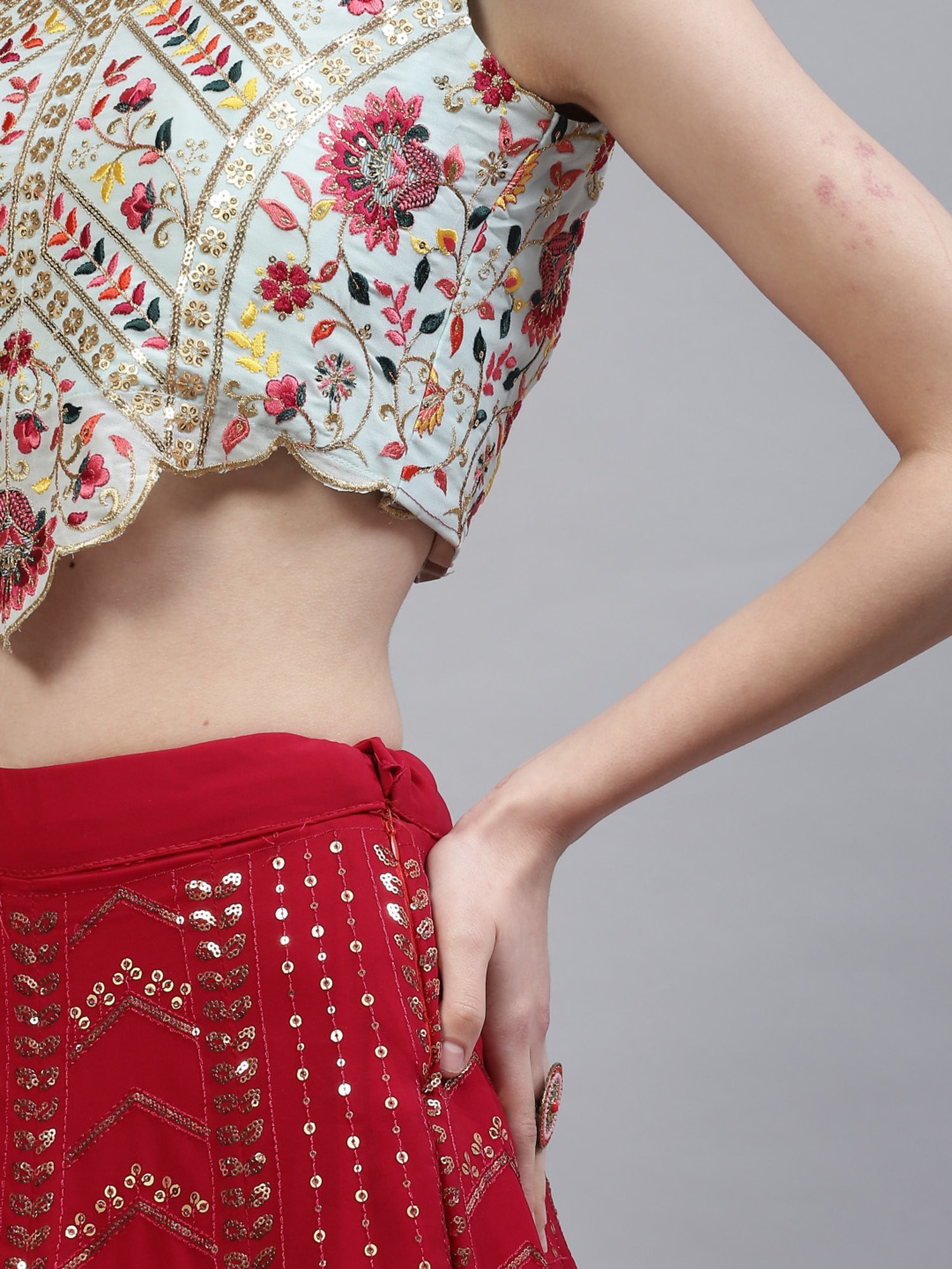 SHUBHKALA Red Embellished Lehenga and Choli Set With Dupatta