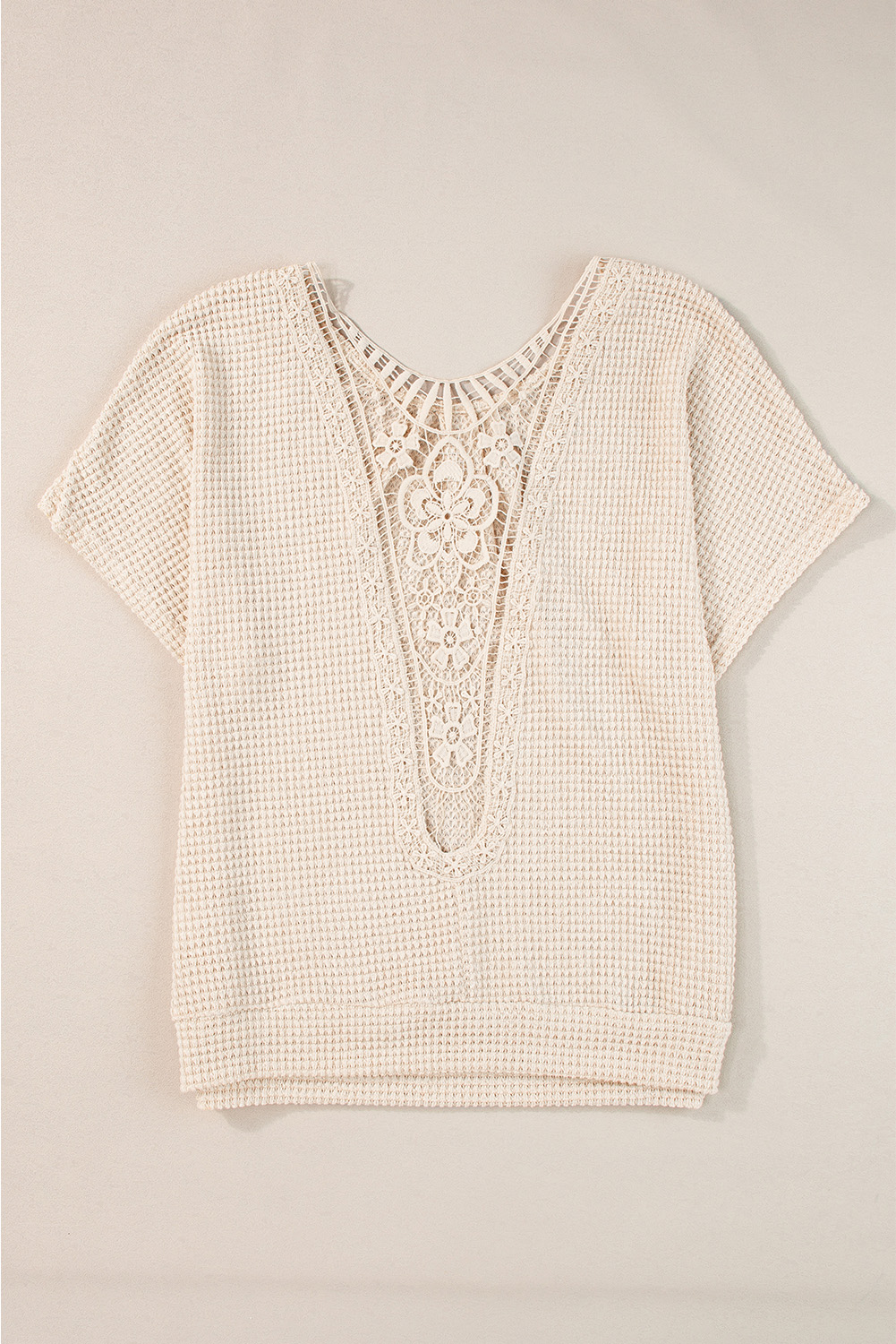 Oatmeal Guipure Lace Splicing Back Waffle Textured T-shirt
