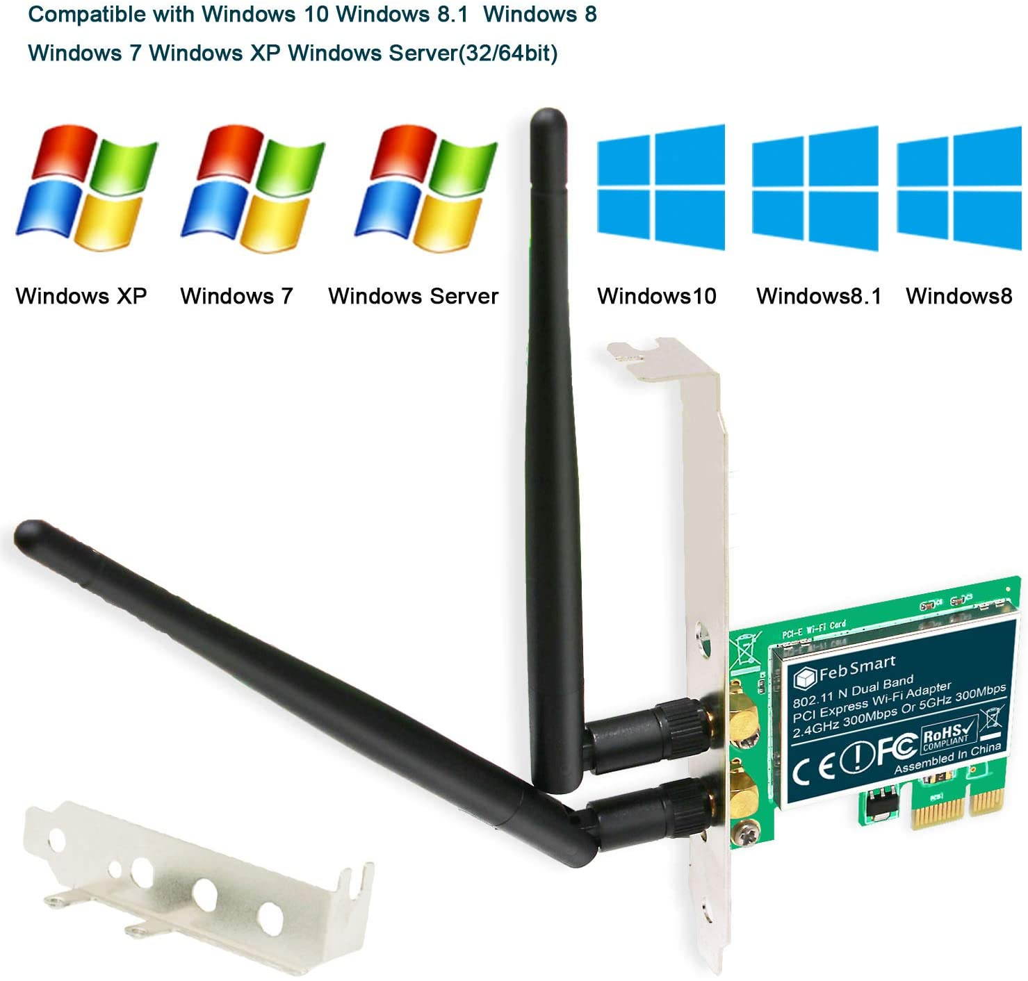 FebSmart Wireless Dual Band N600 (2.4GHz 300Mbps or 5GHz 300Mbps) PCI Express Wi-Fi Adapter for Windows XP 7 8 8.1 10 Server System (32/64bit) Desktop PCs-2-Stream MIMO PCIE Wi-Fi Card (FS-N600)