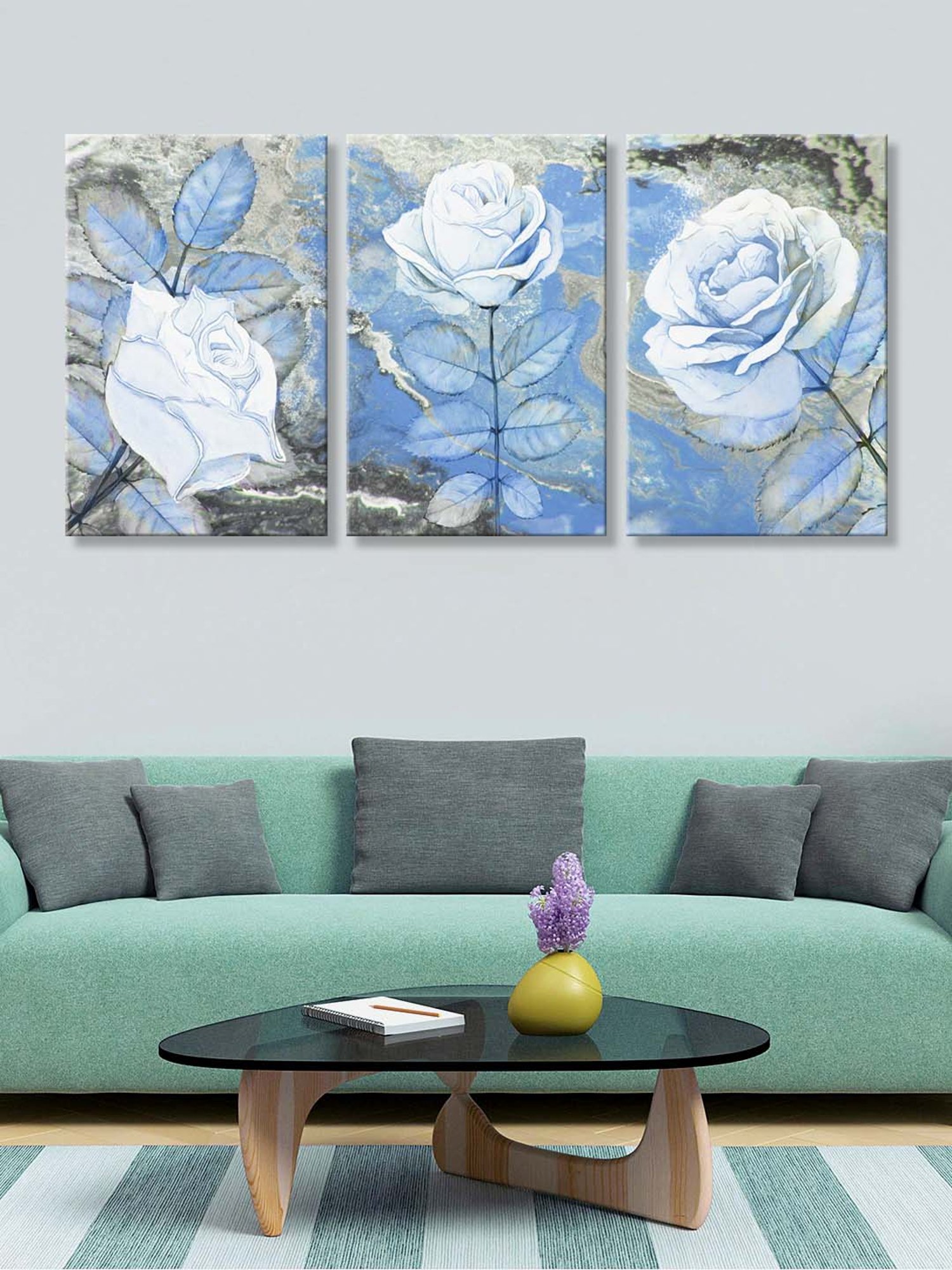 999Store Blue & White Textured Rose Art 3 Frame Canvas Paintings