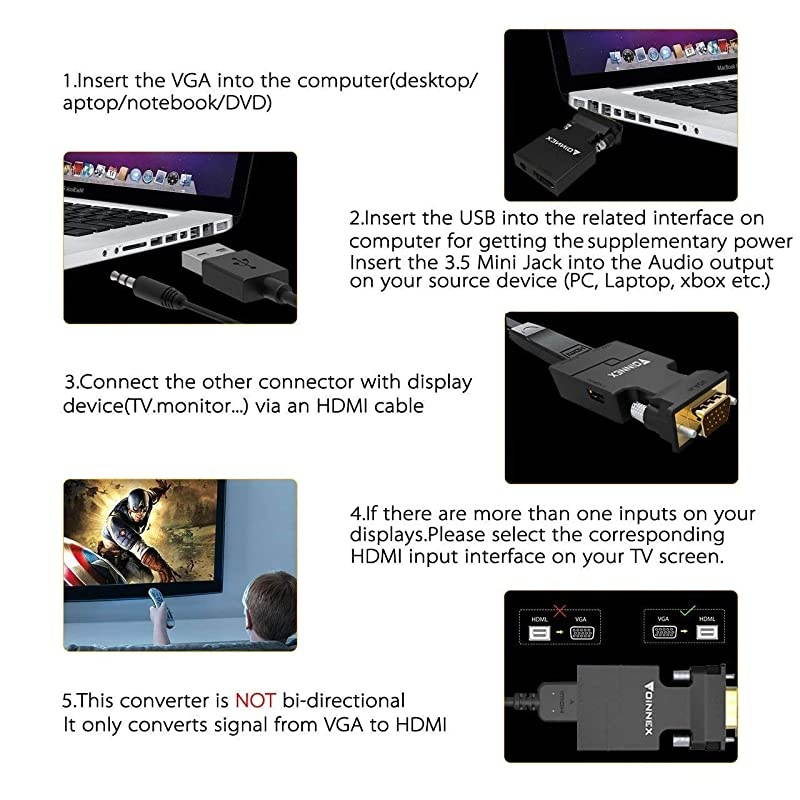 VGA to HDMI Adapter Converter with AudioConvert from Old PC to TVMonitor with HDMI ConnectorActive Male VGA to Female HDMI 1080p60Hz Video Dongle for ComputerLaptop to DisplayProjector