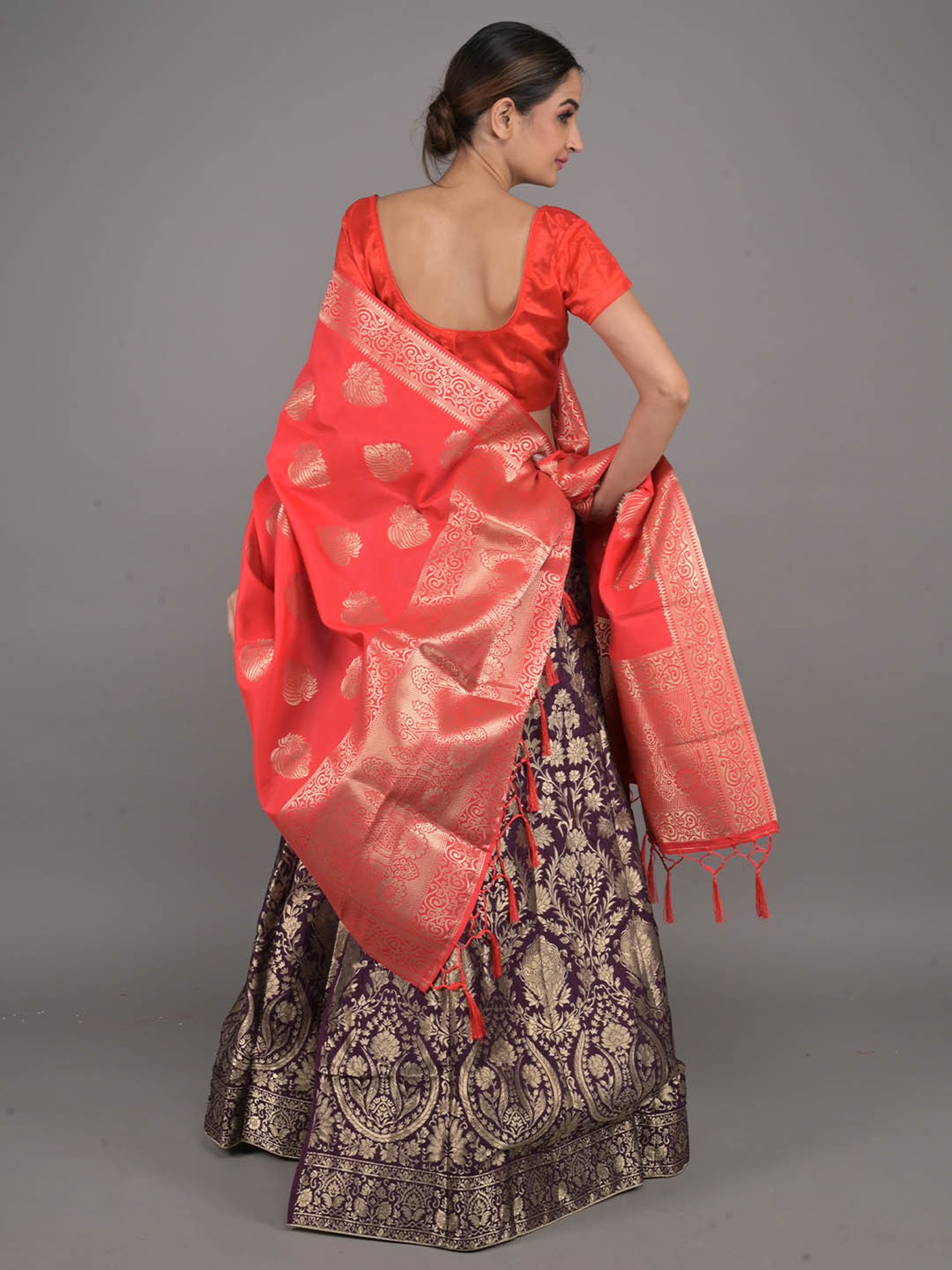 Odette Purple & Red Woven Pattern Lehenga Choli Set With Dupatta