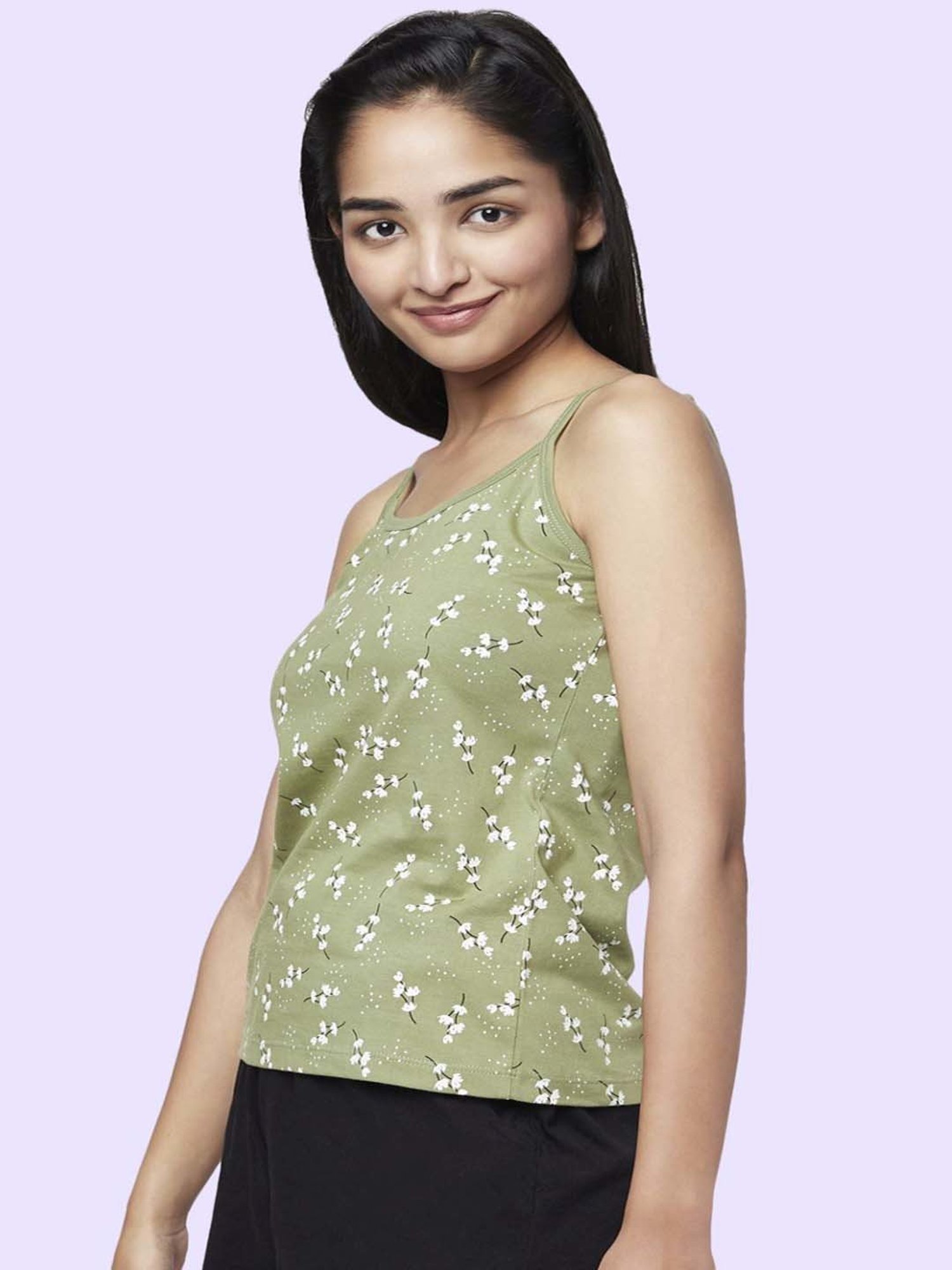 YU by Pantaloons Olive Green & Grey Cotton Printed Camisoles - Pack Of 2