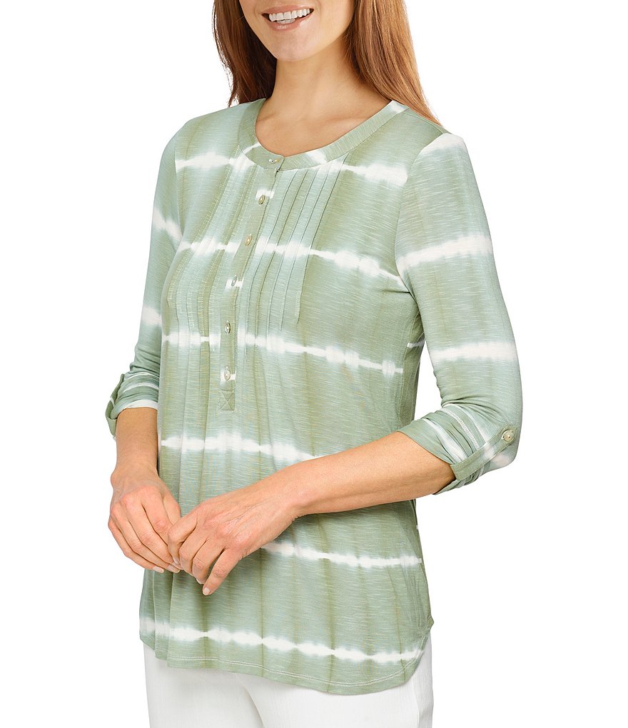 Ruby Rd. Tie-Dye Slub Knit 3/4 Roll-Tab Sleeve Pleat Front Detail Top