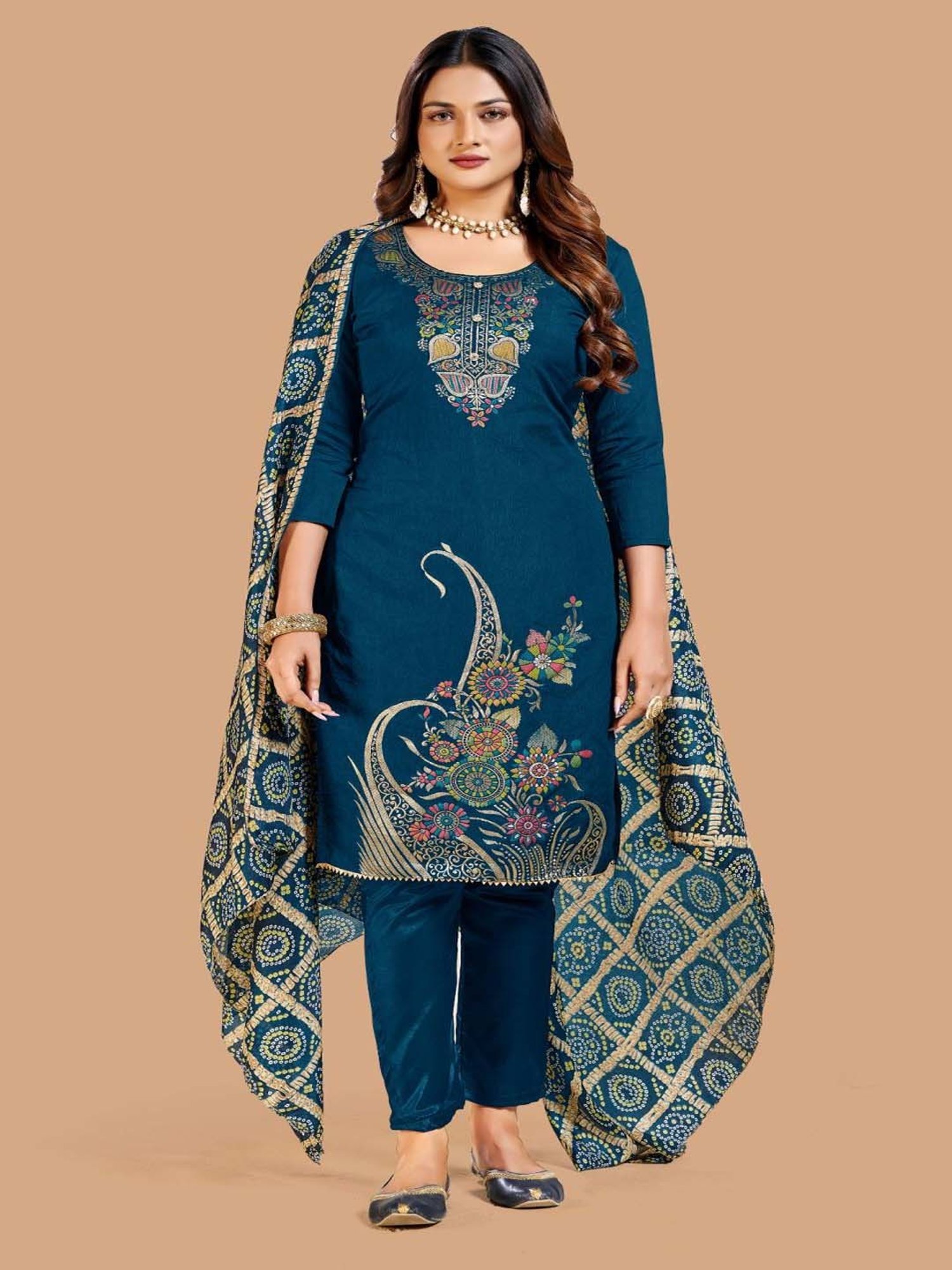 APNISHA Teal Blue Cotton Woven Pattern Unstitched Dress Material