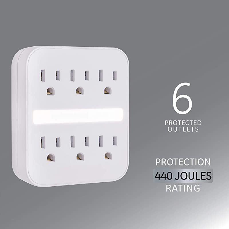 Pro 6 Outlet Sur Protector Wall Adapter with Light Sensing Night Light 3Prong Charging Station 440 Joules Protection Rating Automatic Shutdown White 41626