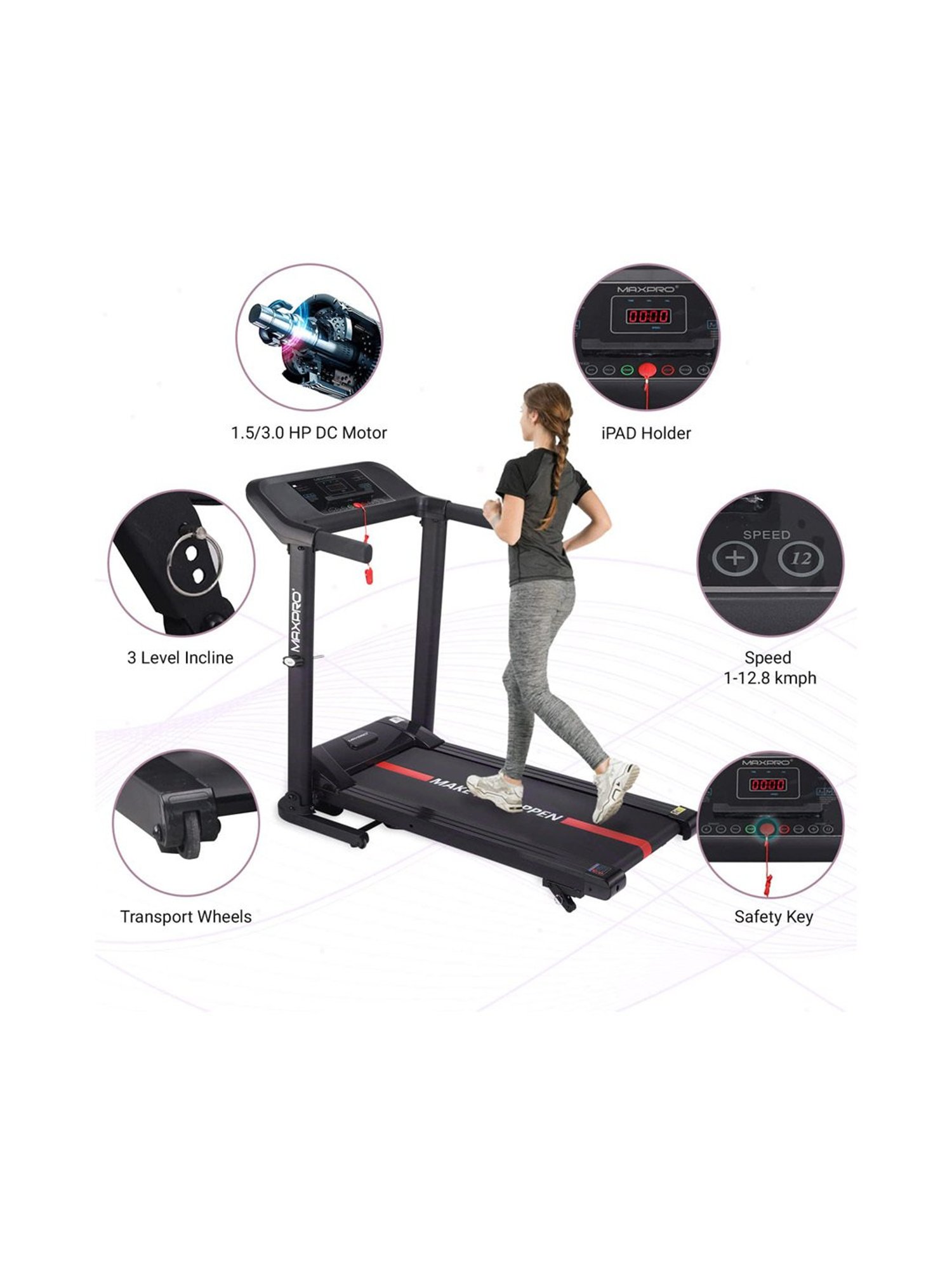 MAXPRO 1.5HP DC Motorized Foldable Treadmill (Core Black)