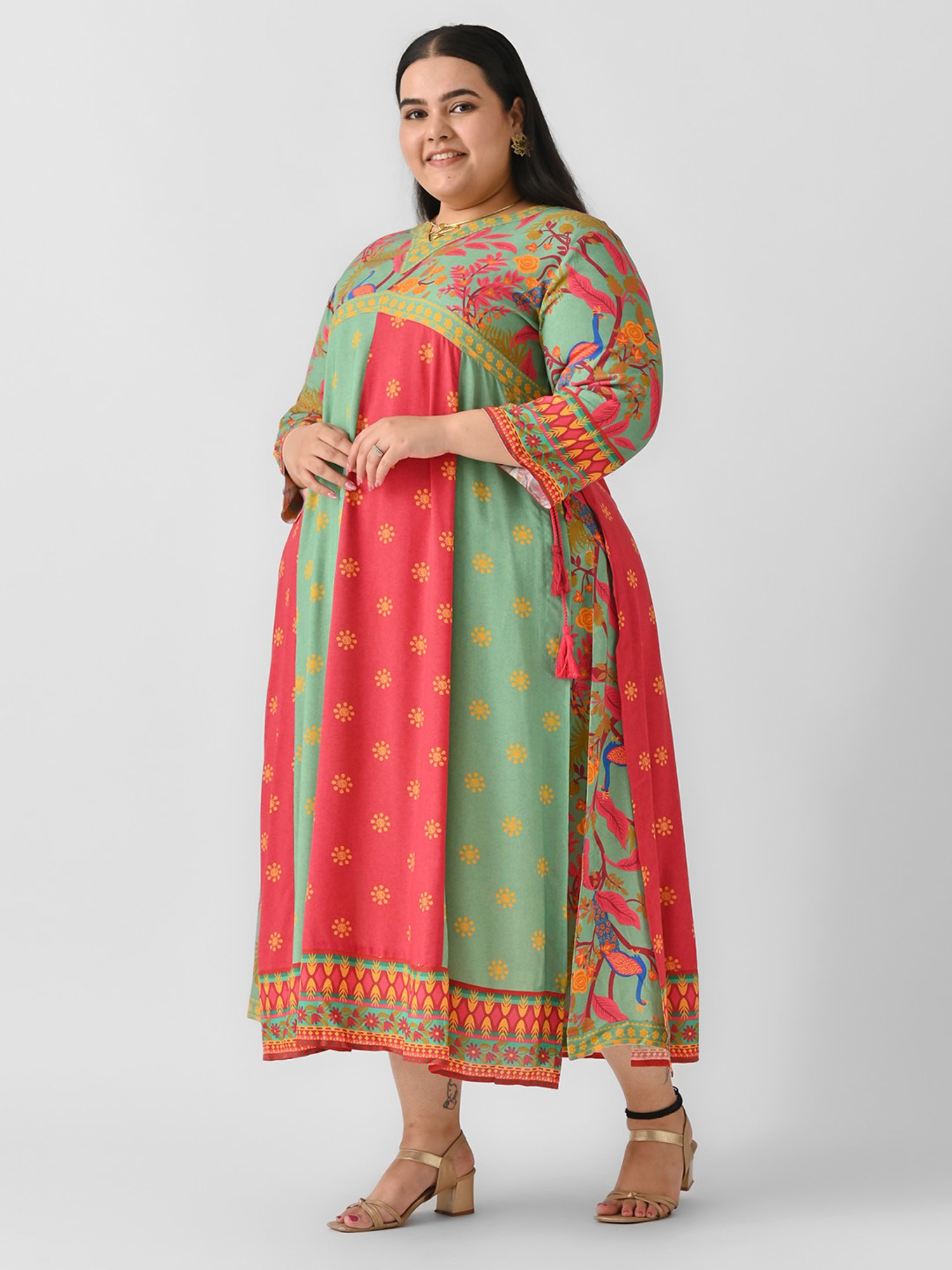 Rustorange Turquoise & Maroon Color-Block Ethnic Dress