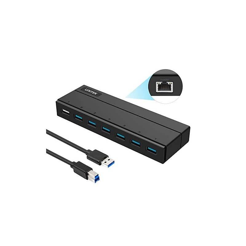 USB Ethernet Adapter 7Port Hub 6 Ports USB 30 Hub with Gigabit Ethernet Converter 24A Charging Port 36W Powered Data Hub Splitter Compatible MacBook iMac Surface Pro Laptop PC HDD