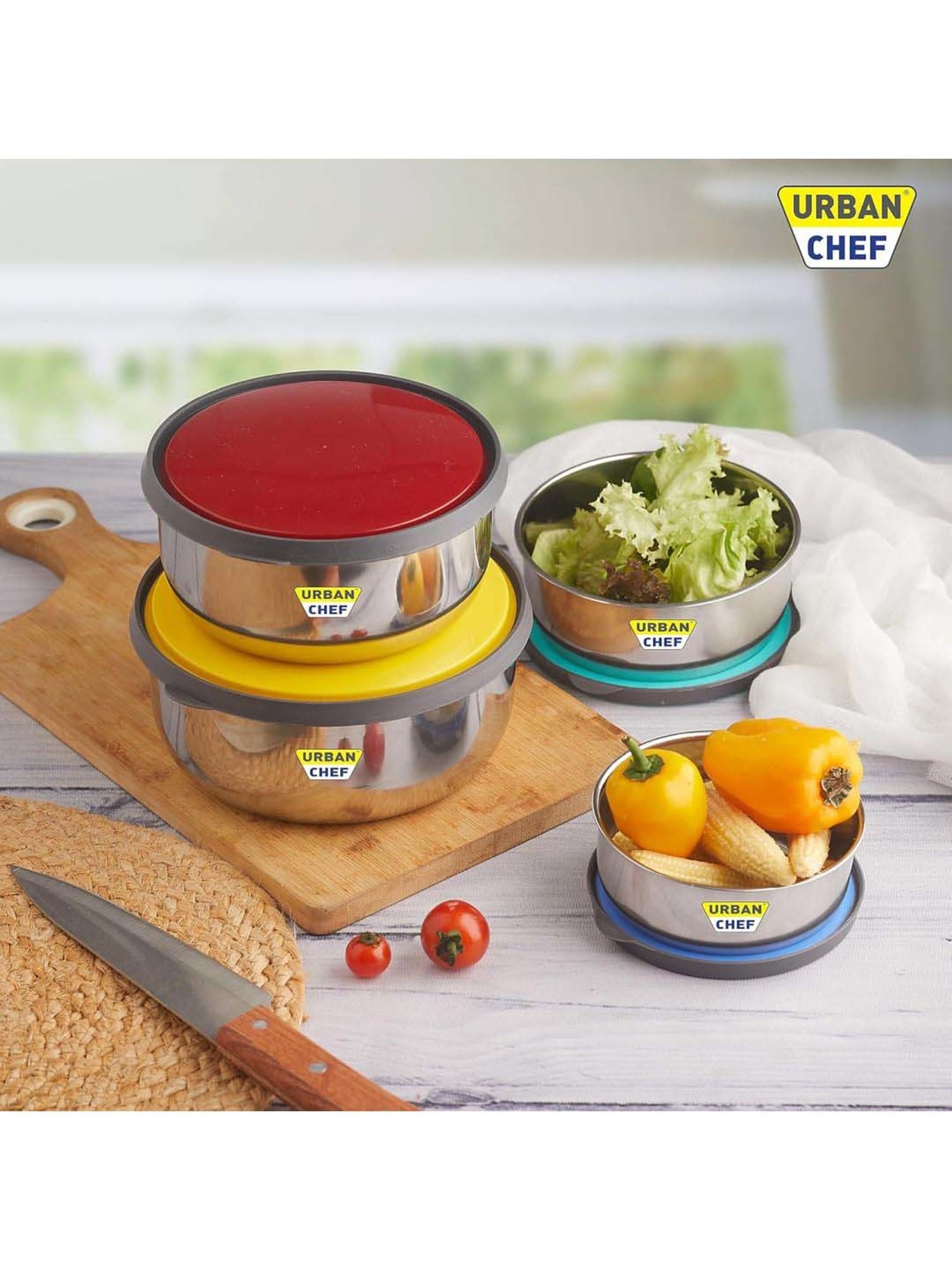 Urban Chef Multicolor Stainless Steel Fresca Push & Lock Bowl Storage Set With Lid - Set of 4