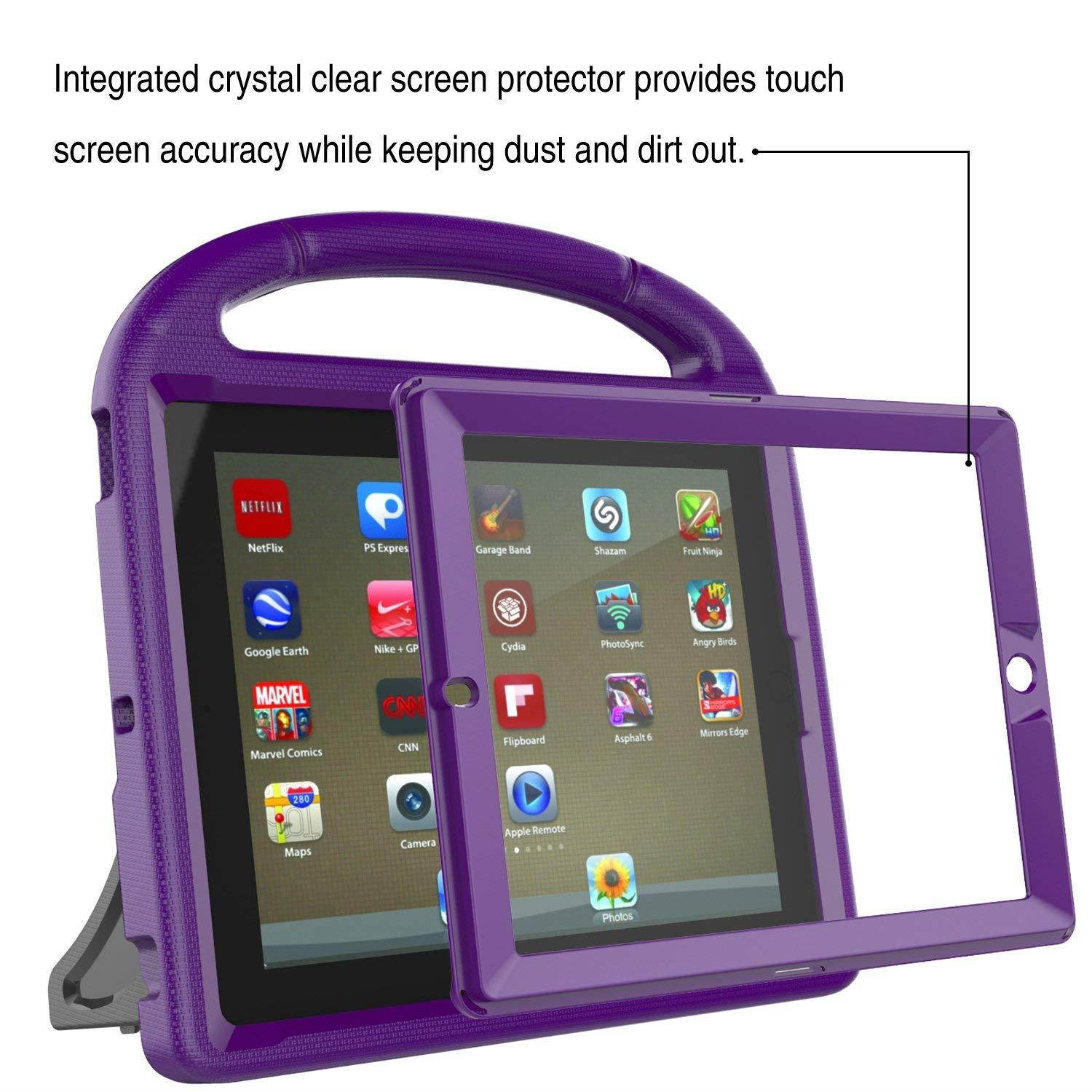 AVAWO Kids Case Built-in Screen Protector for iPad 2 3 4 - Shockproof Handle Stand Kids Friendly Compatible with iPad 2nd 3rd 4th Generation (Purple)