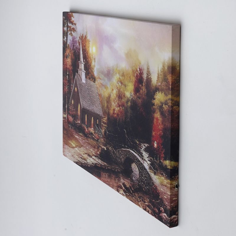 Lakeside Church by the River Lighted Wall Art Canvas Picture - Lighted Religious D'ecor