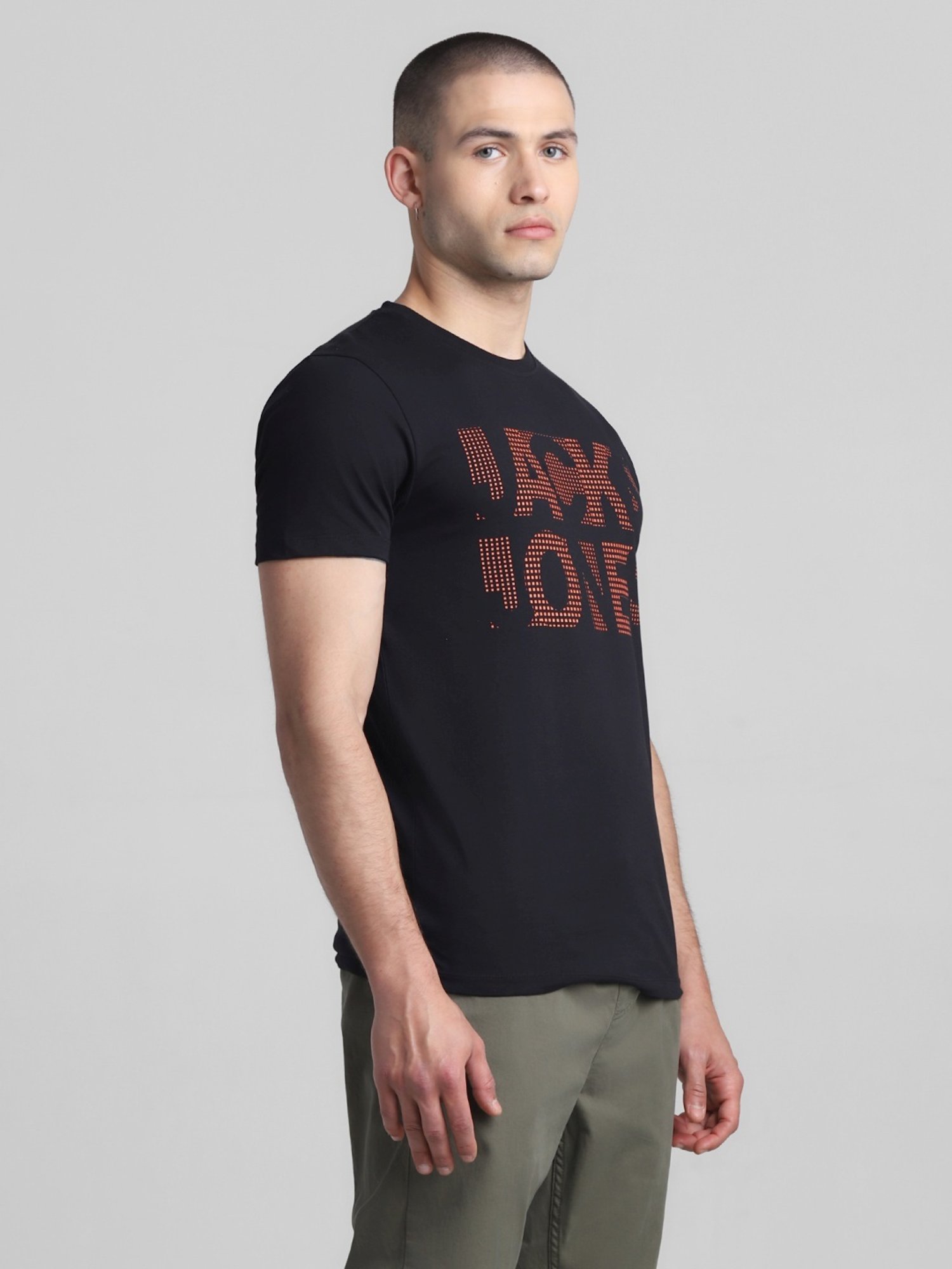 Jack & Jones Jet Black Cotton Slim Fit Printed T-Shirt