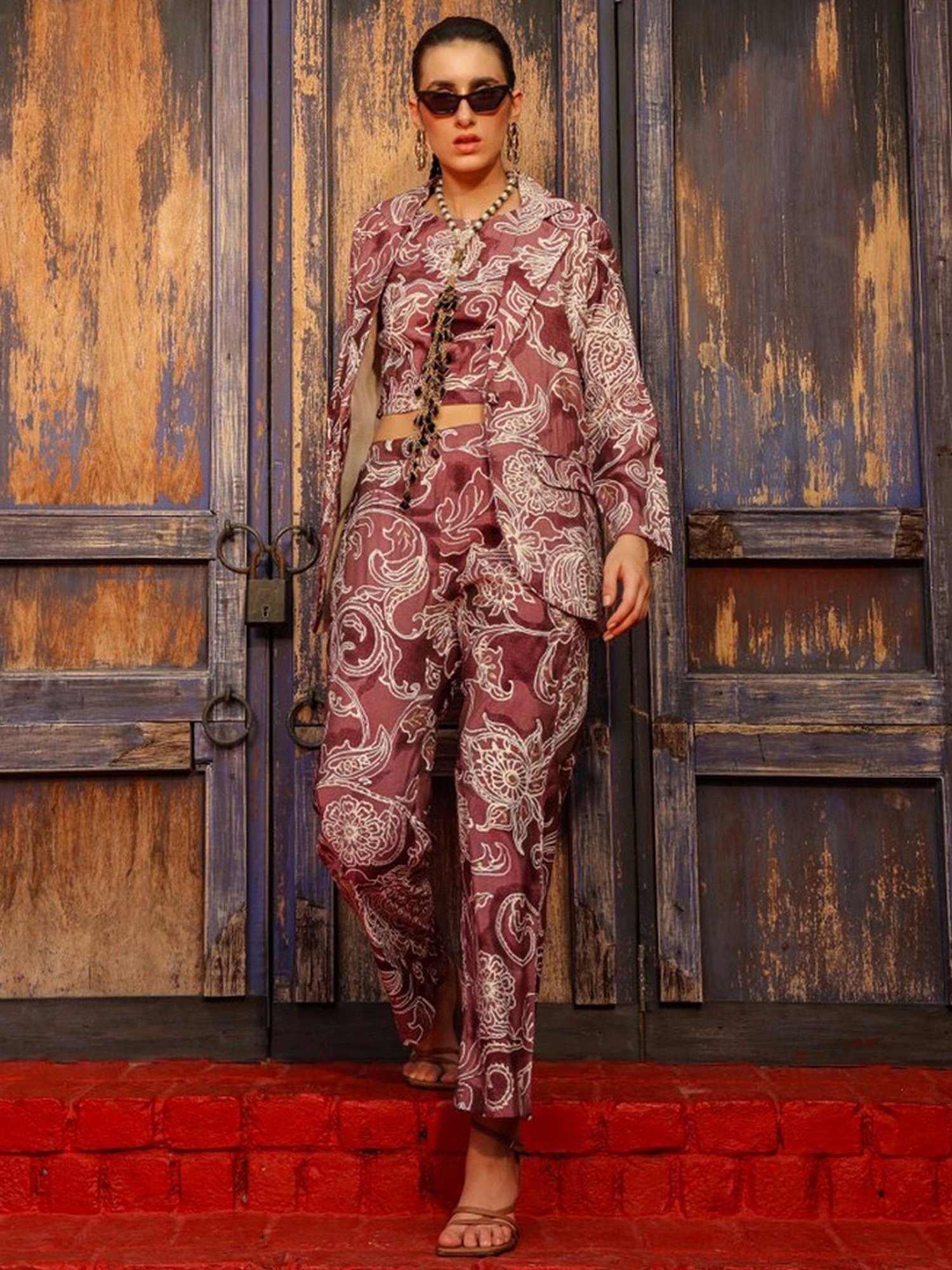 Zolo Label Purple Printed Top Pant Set With Blazer