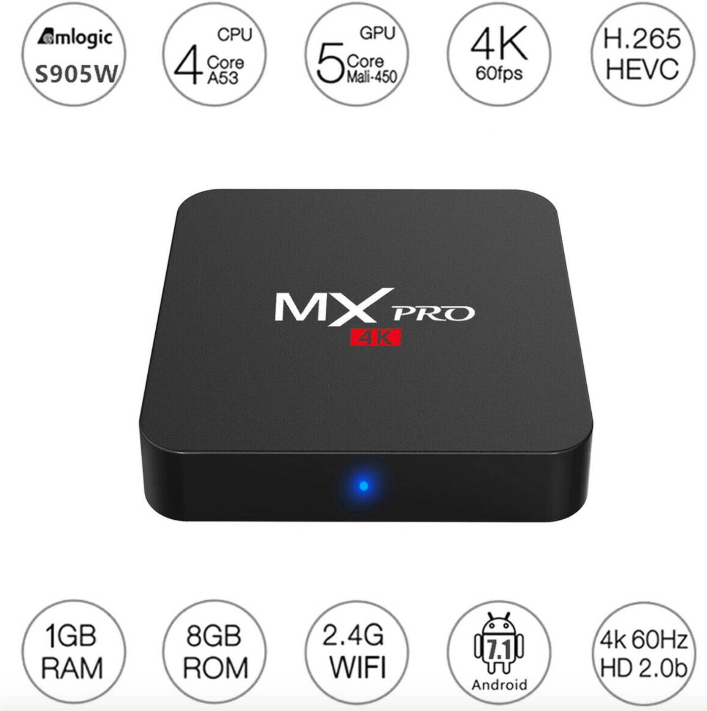 MXQ Pro 4K Ultra HD 64Bit Wifi Android 7.1 Quad Core Smart TV Box Media Player