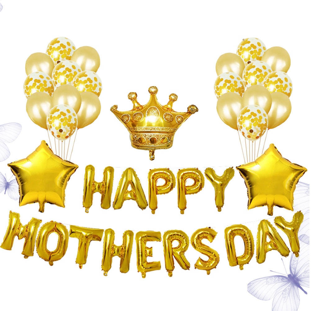 1 Set Golden Printing Aluminum Foil Balloons Confetti Balloons Set Latex Mothers Day Party Layout Crown Star Balloons Decorations Party Supplies