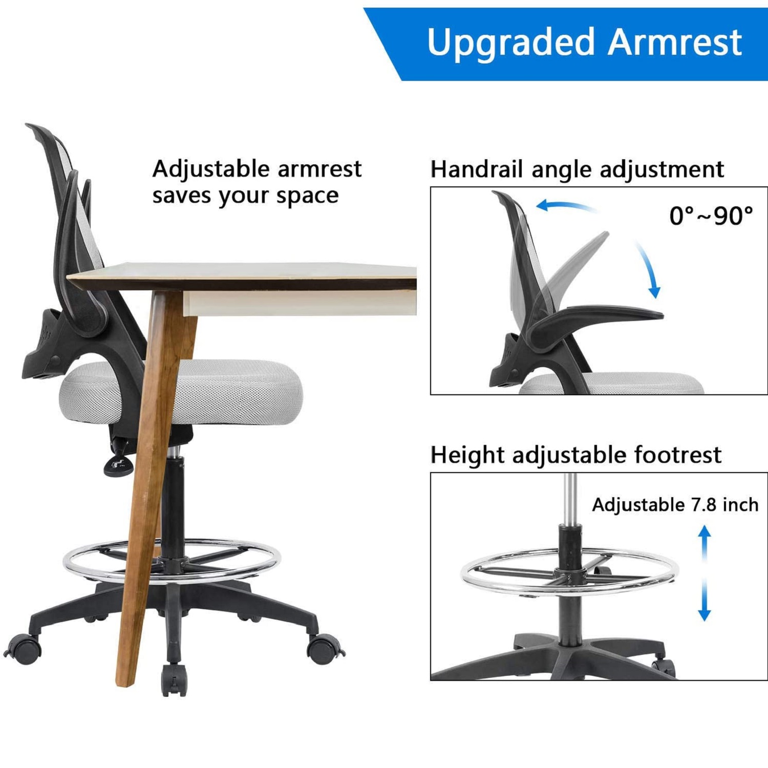 Devoko Drafting Chair with Flip-up Arms Tall Office Chair Executive Computer Standing Desk Chair with Lockable Wheel and Adjustable Footrest Ring (Black)