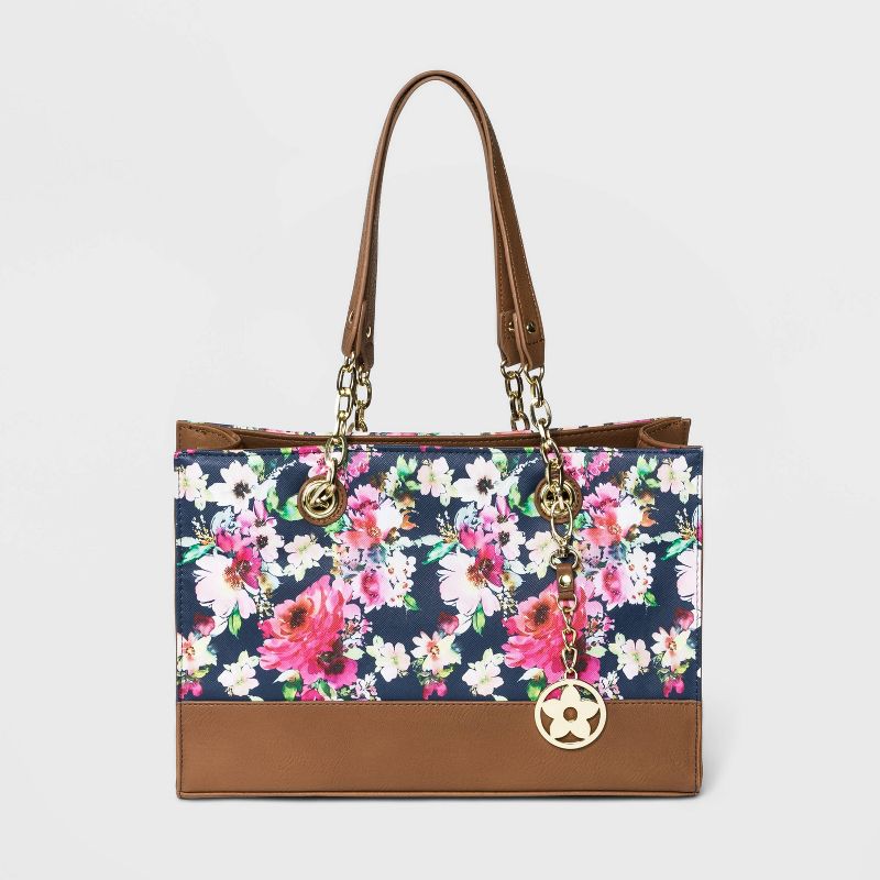 Bueno Snap Closure Floral Print Tote Handbag -  Navy